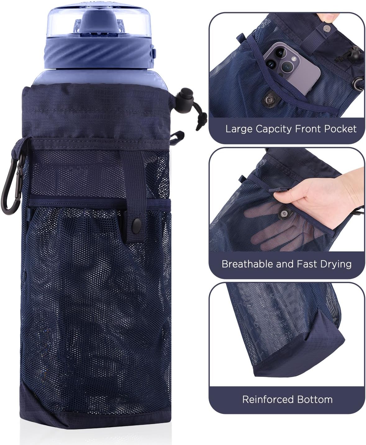 EasyAcc Upgraded Reinforced Water Bottle Holder Carrier Strap, for 12-60oz Bottle, with Adjustable Shoulder, Double Front Pocket, Bottle Bag for