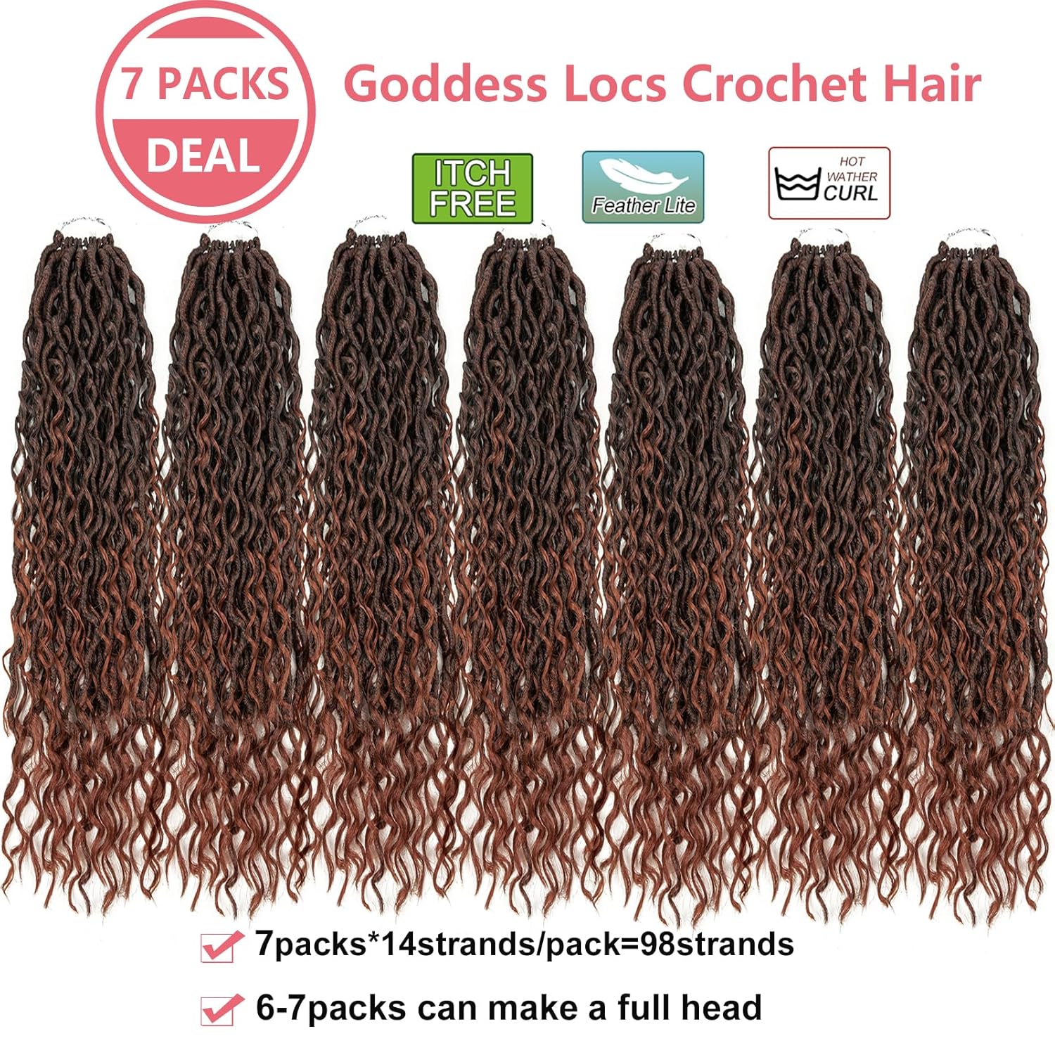 Copper Goddess – Rastas sintéticas de ganchillo con extremos rizados, 7 paquetes de cabello bohemio de ganchillo de 14 pulgadas, cabello de