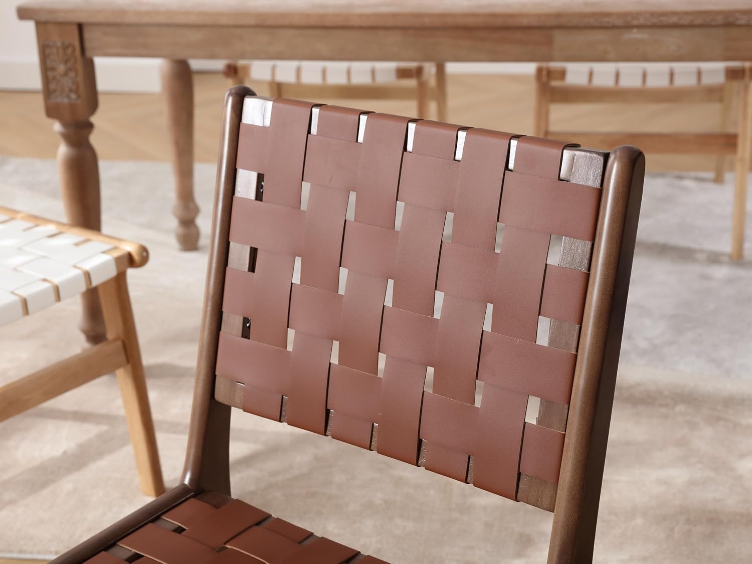 ABET Juego de 2 sillas de comedor de cuero marrón para cocina, sillas de comedor sin brazos de cuero sintético tejido de granja, silla moderna