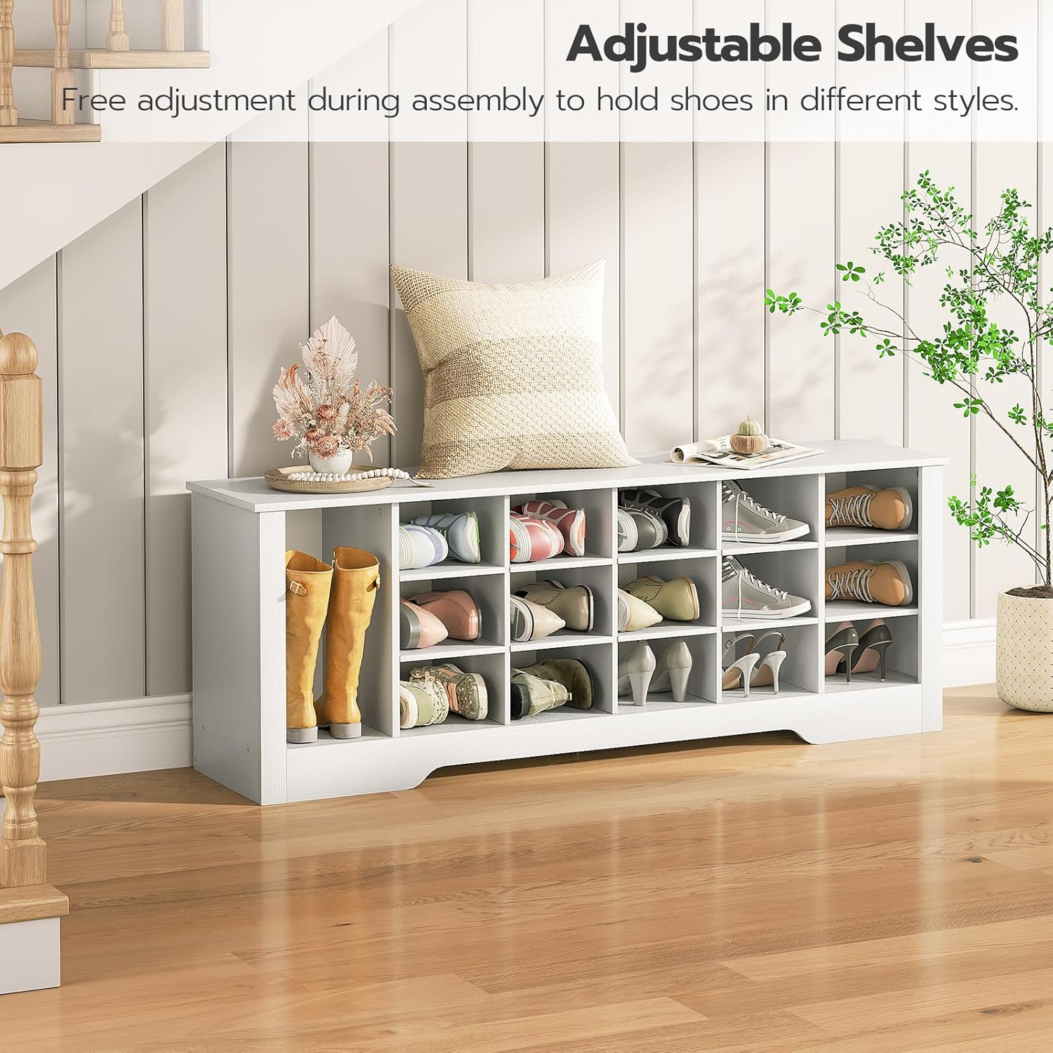 Banco de zapatos, banco de almacenamiento de zapatos de 18 cubículos, cubo multifuncional para zapatos, banco de entrada largo, estantes ajustables,