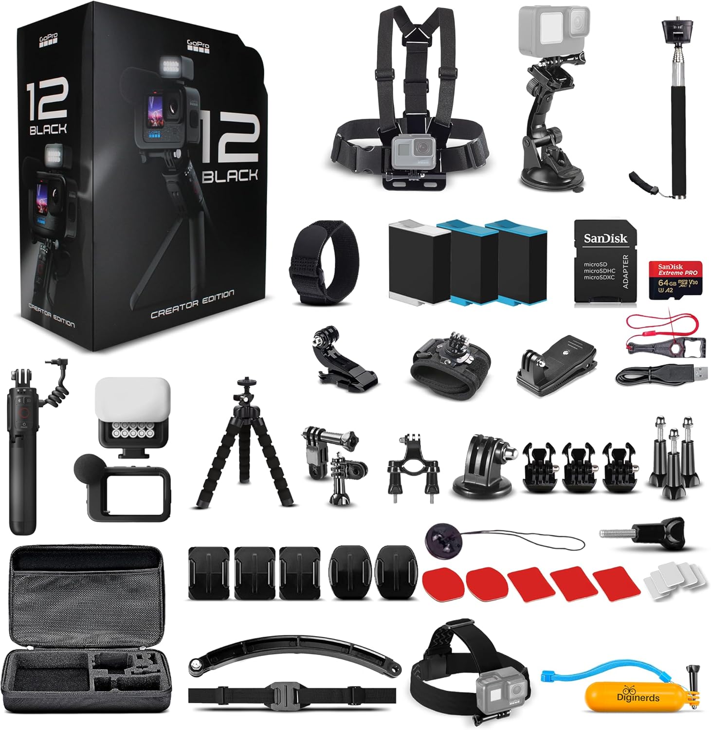 Go Pro HERO12 Black Creator Edition – Incluye Volta (agarre de batería, trípode, control remoto), Media Mod, Light Mod, cámara de acción impermeable