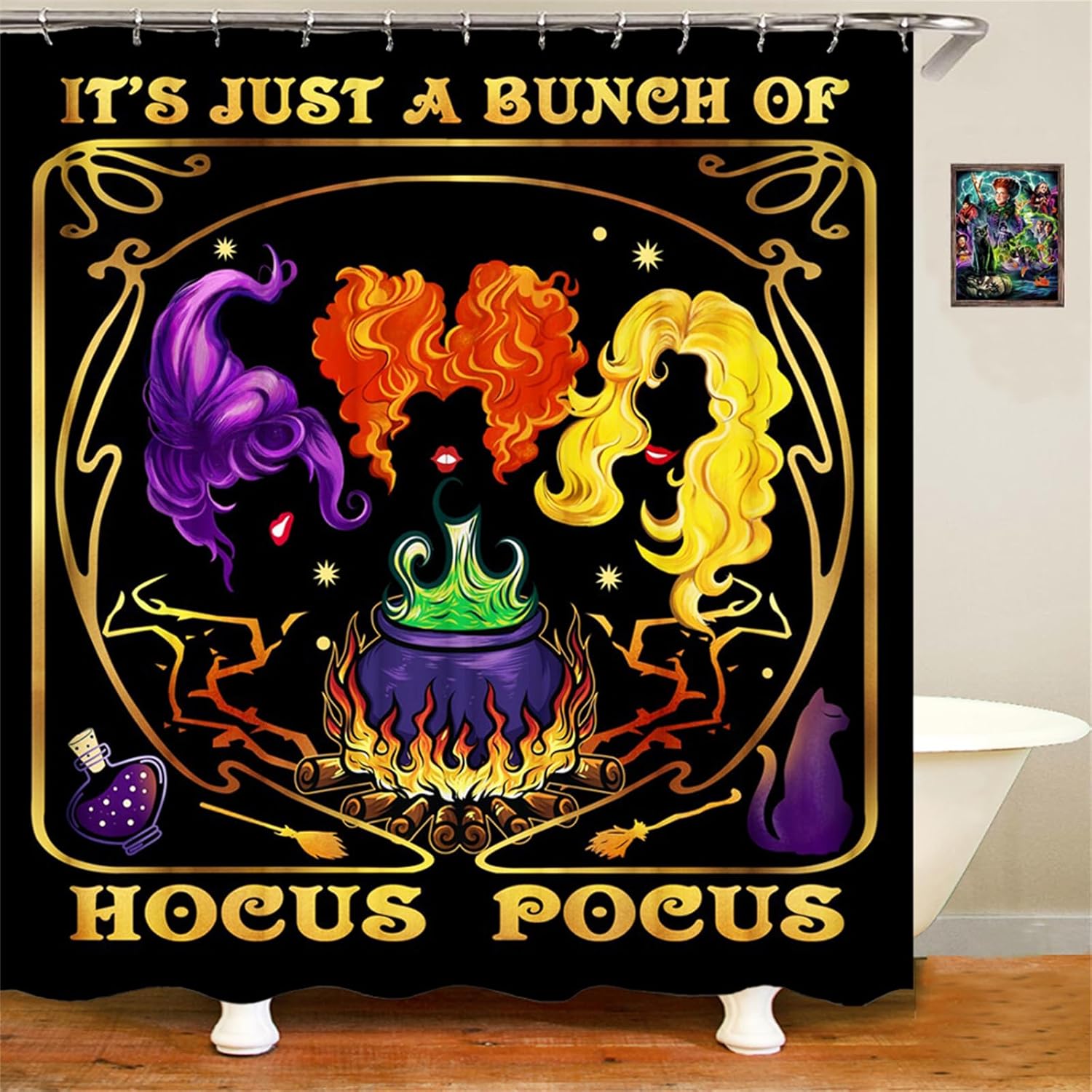 Hocus Pocus, cortina de ducha de Halloween, juego de cortina de ducha impermeable de 72 x 72 pulgadas con 12 ganchos para decoración de baño