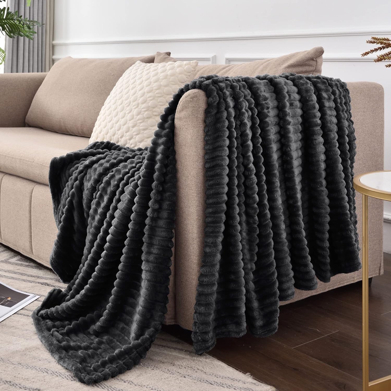 BEDELITE Manta de vellón tamaño individual  Manta decorativa de jacquard acanalado 3D, suave y cálida, acogedora, esponjosa, ligera de felpa para