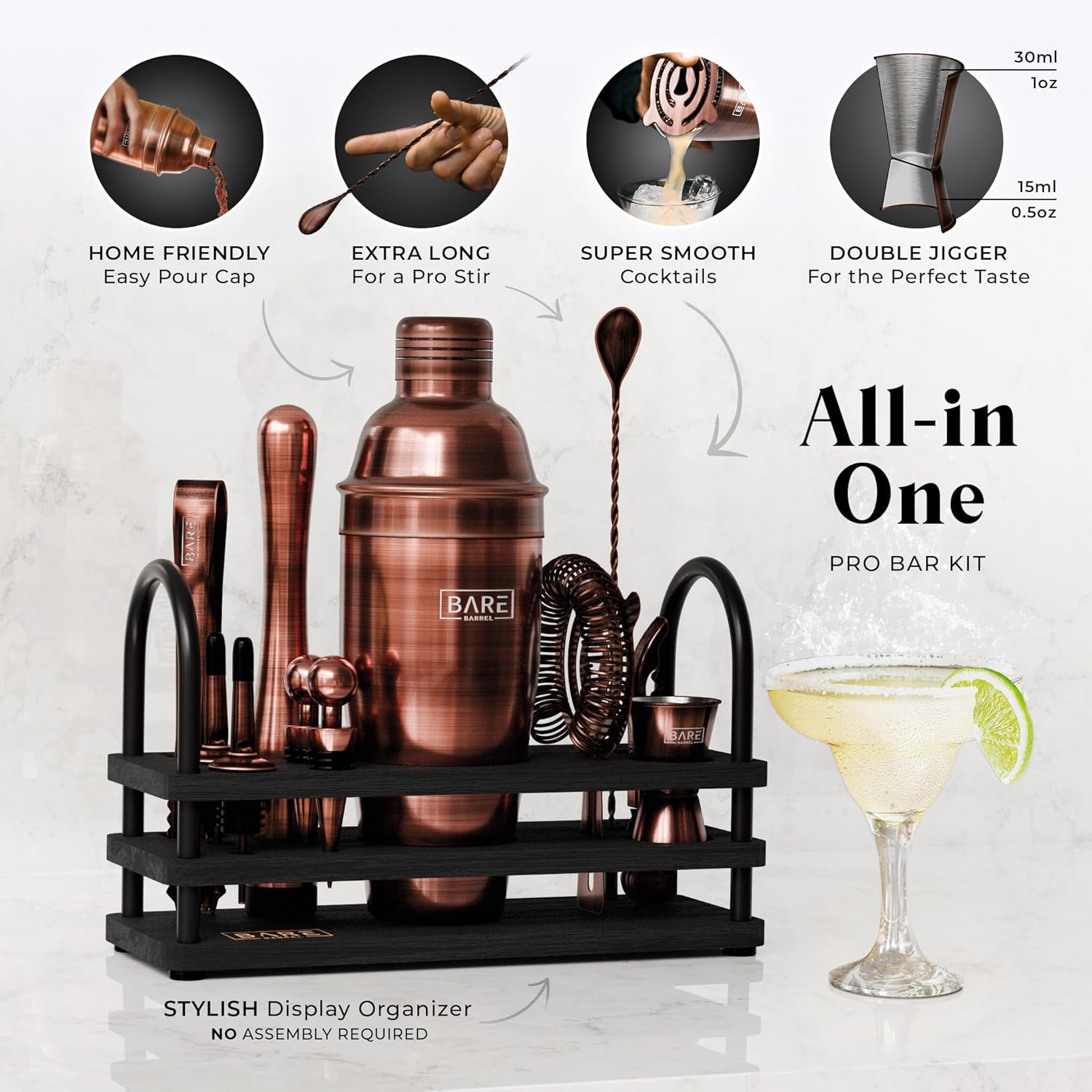 BARE BARREL Mixology Bartender Kit Bar Set  Juego de coctelera Martini de 14 piezas  Herramientas profesionales de mezcla de bar para bar en casa