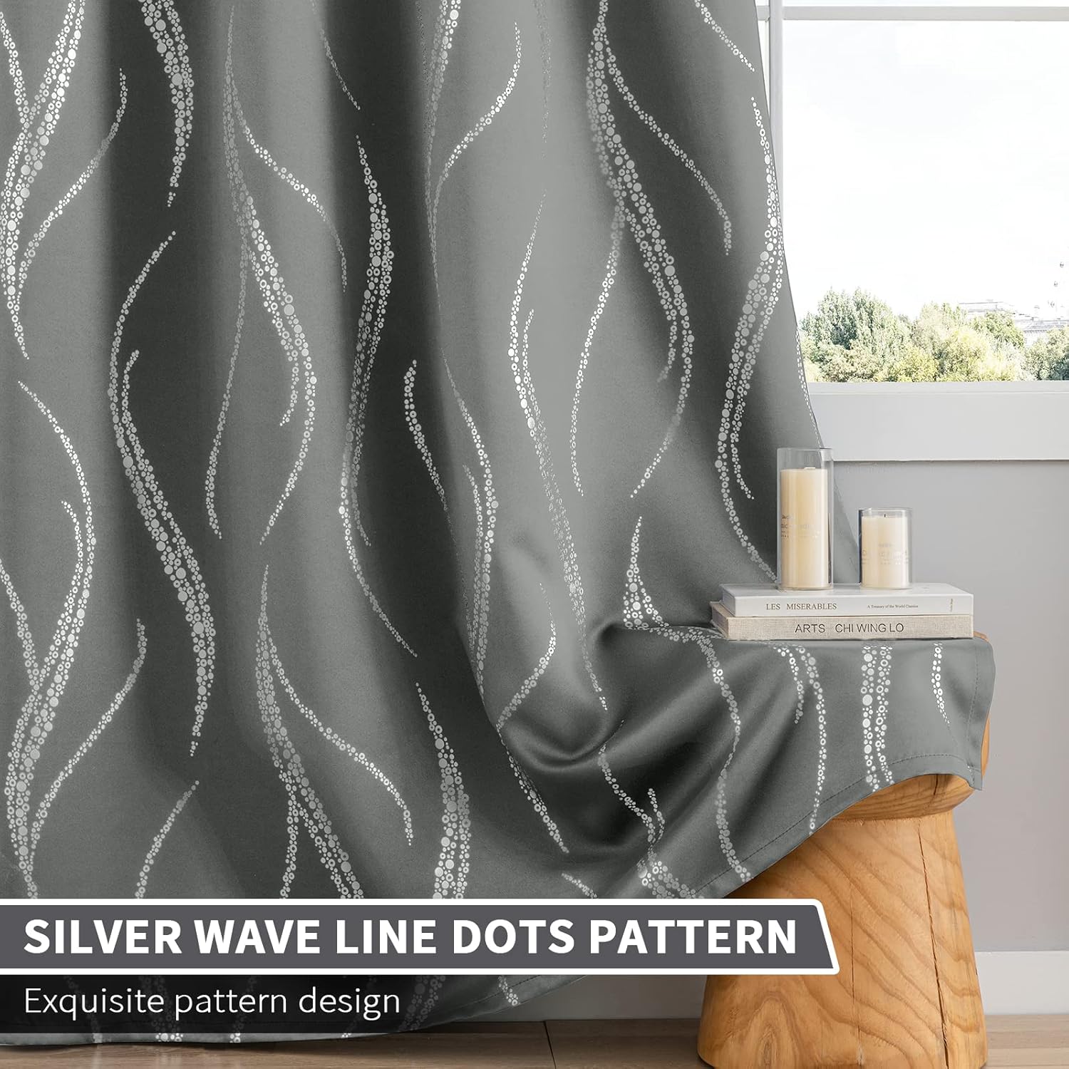 Yakamok Cortinas opacas de 84 pulgadas de largo para sala de estar, con aislamiento térmico y patrón de líneas onduladas plateadas, cortinas para