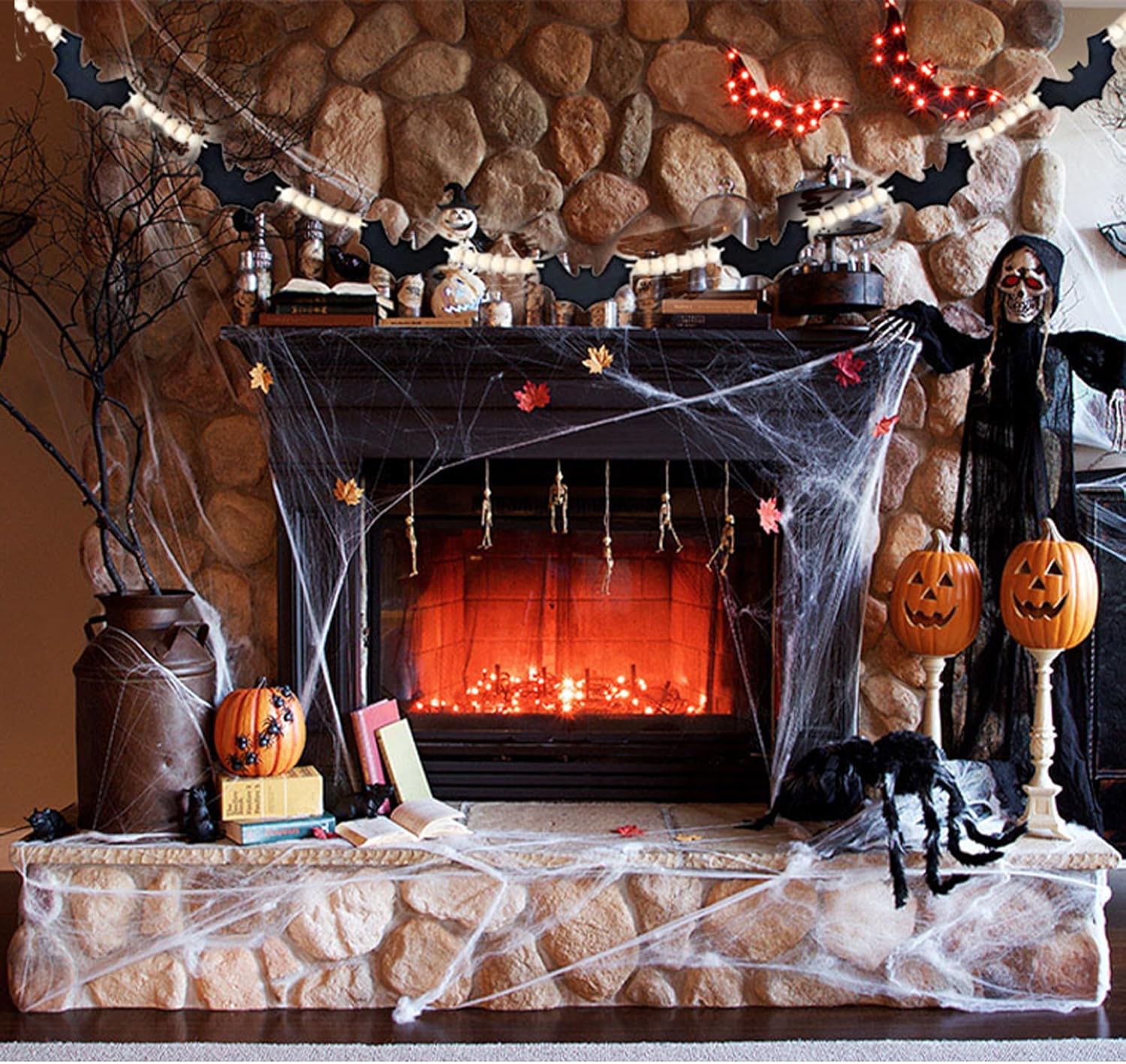 Decoraciones de Halloween para interiores, murciélagos de fieltro, guirnalda de cuentas de madera para pared, casa, chimenea, decoración de mantel