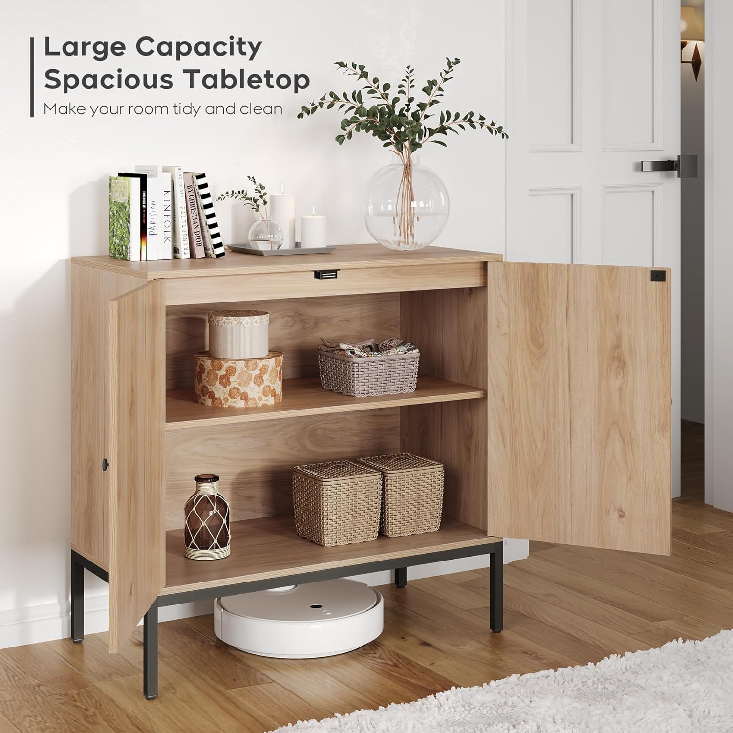Brafab Aparador Buffet Gabinete con Almacenamiento, Armario Acento con Puertas Decoradas de Ratán Natural, Gabinete de Ratán, para Sala, Entrada,