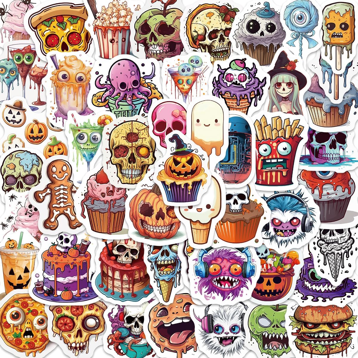 Paquete de 50 calcomanías de comida de Halloween, calcomanías de calavera de calabaza para adolescentes, niños y adultos, impermeables, regalos