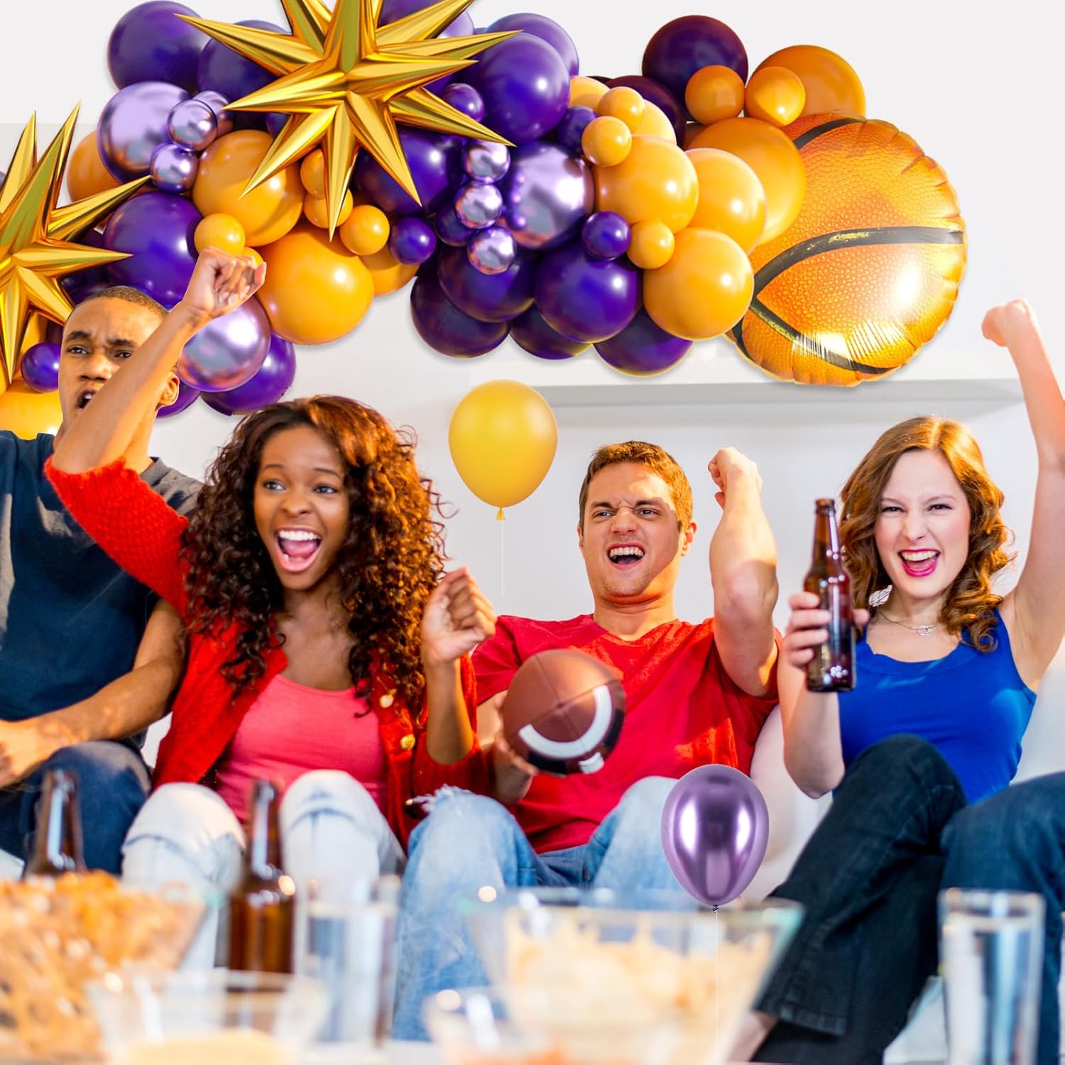Kit de arco de globos de baloncesto, 101 globos amarillos y morados 4D Starburst, globos de papel de aluminio de baloncesto metálicos de látex,