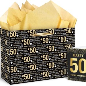 RUMIA Bolsa de regalo de cumpleaños número 50, bolsa de regalo de cumpleaños 50 con papel de seda y tarjeta, bolsas de regalo de papel kraft de 50 RUMIA Bolsa de regalo de cumpleaños número 50, bolsa de regalo de cumpleaños 50 con papel de seda y tarjeta, bolsas de regalo de papel kraft de 50