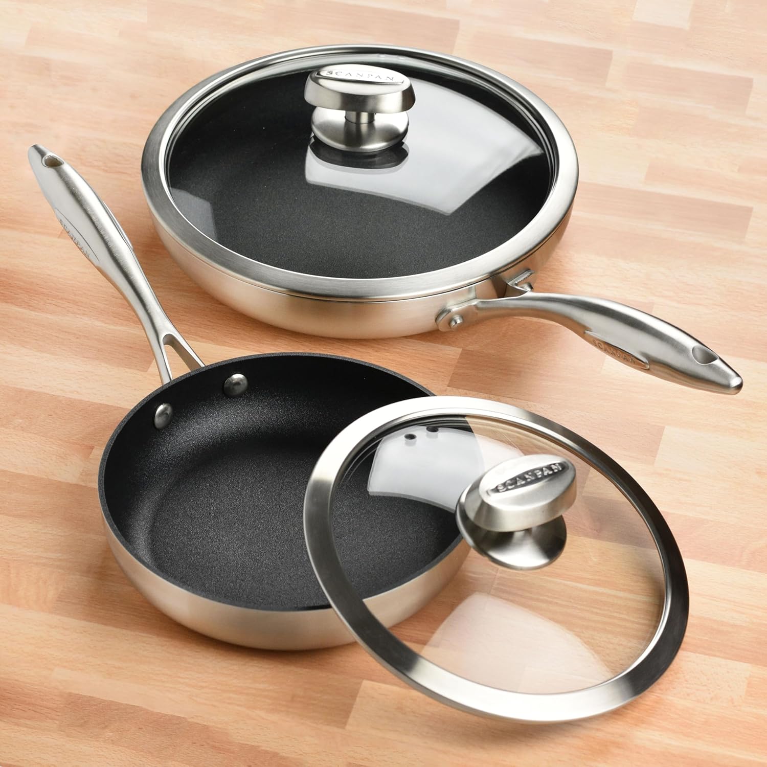 Scanpan CX+ – Juego de sartenes antiadherentes con tapas, sartenes de 8 y 10.25 pulgadas con Stratanium Plus, acero inoxidable de 5 capas