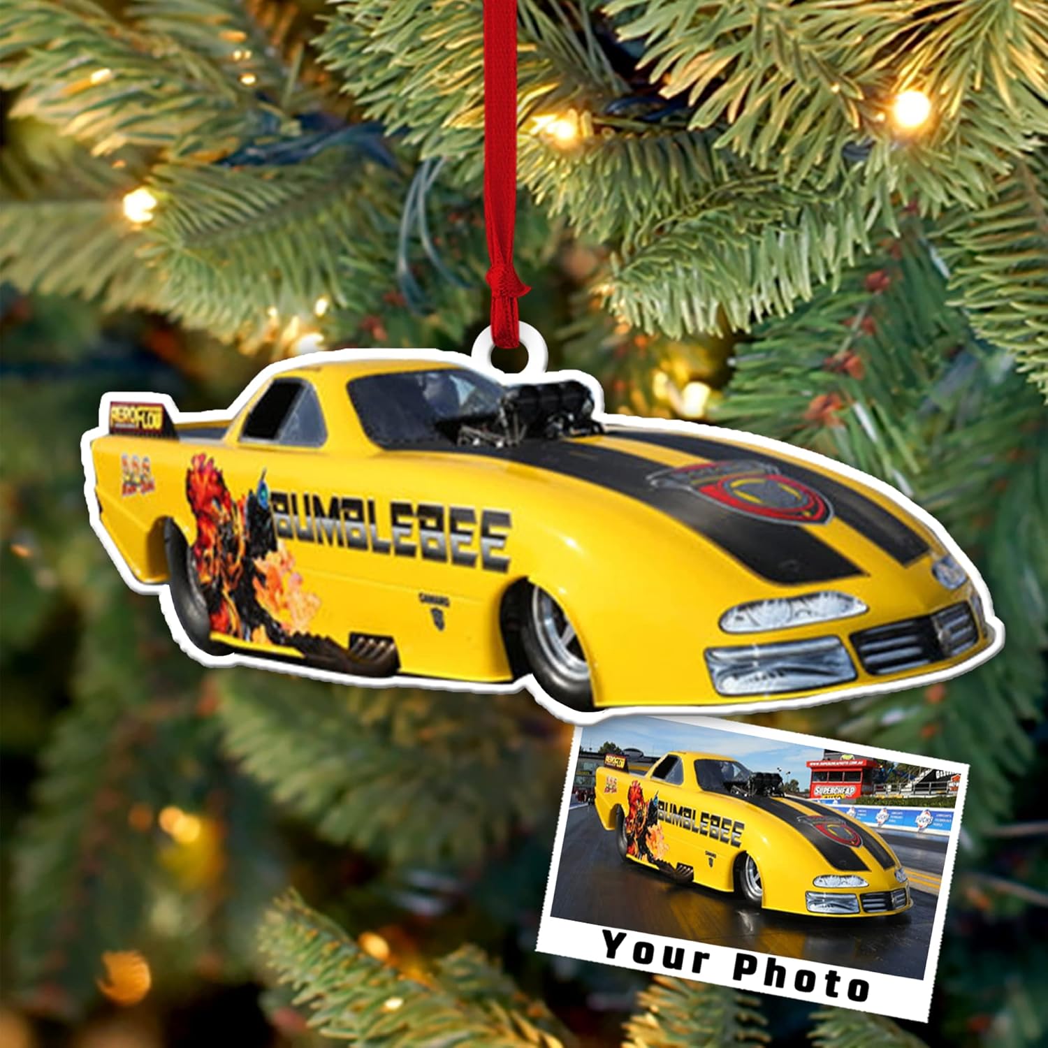 Adorno de Navidad con foto personalizada para los amantes de las carreras de arrastre, 3.5 x 3.5, decoración de árbol de Navidad, cumpleaños de