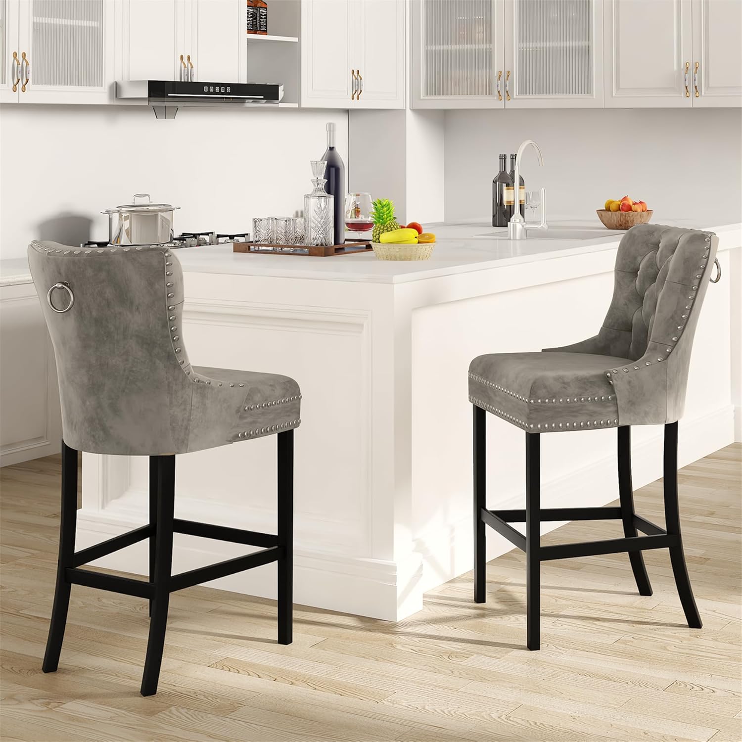 Recaceik Juego de 2 taburetes de bar de terciopelo con altura de mostrador, taburetes de bar tapizados con respaldo, taburete de cocina de 27