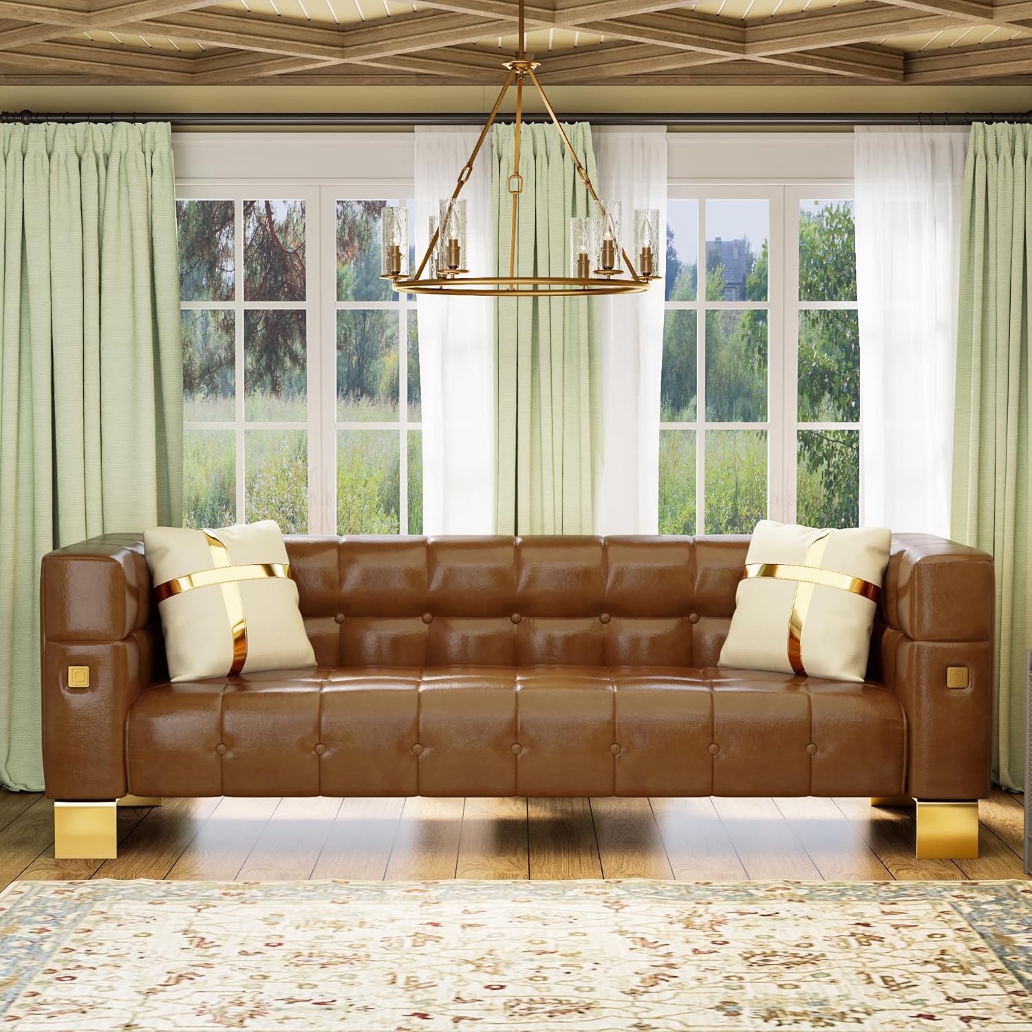 Sofá moderno de piel sintética con patas de metal dorado, sofá Chesterfield de poliuretano impermeable de 88.98 pulgadas, sofás copetudos de lujo