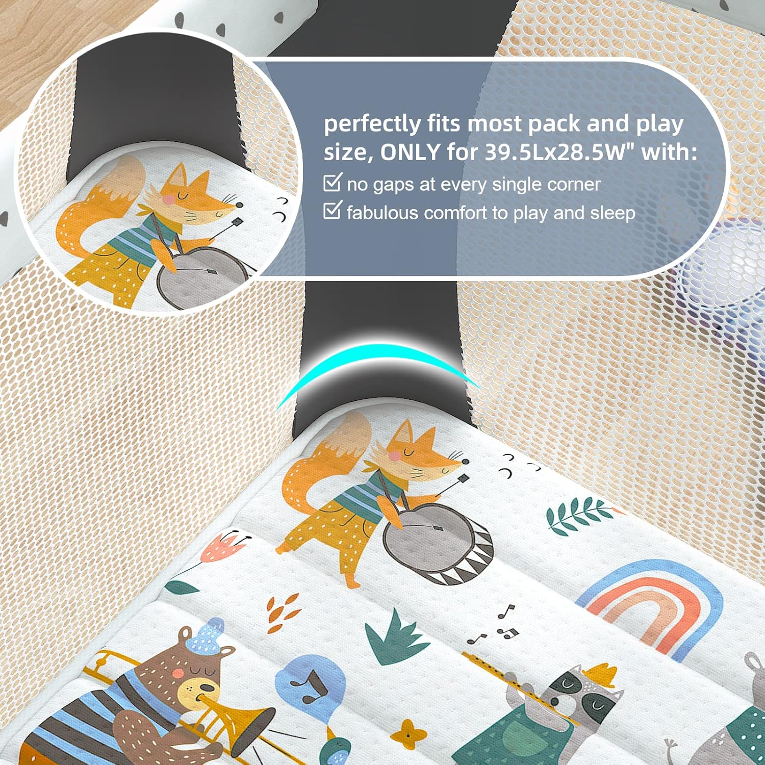 Pack n Play – Colchón acolchado y ajustado, 38 x 26 pulgadas, suave y portátil, para niños pequeños, refuerzo de bordes sin huecos, paquete y juego