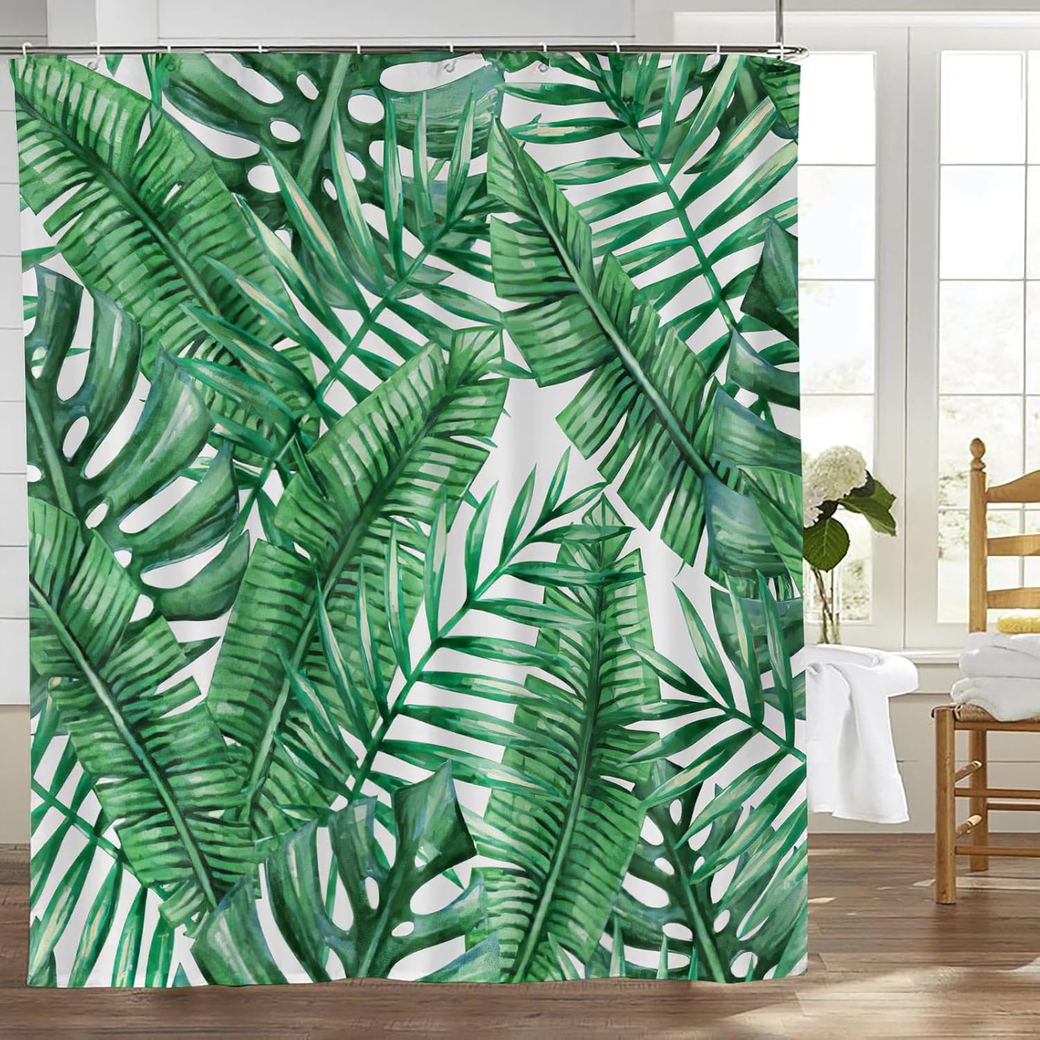 eiffecho Cortina de ducha de hojas de palmera de verano, plantas de hojas verdes tropicales, decoración de baño, bañera, cortina de ducha, tela de