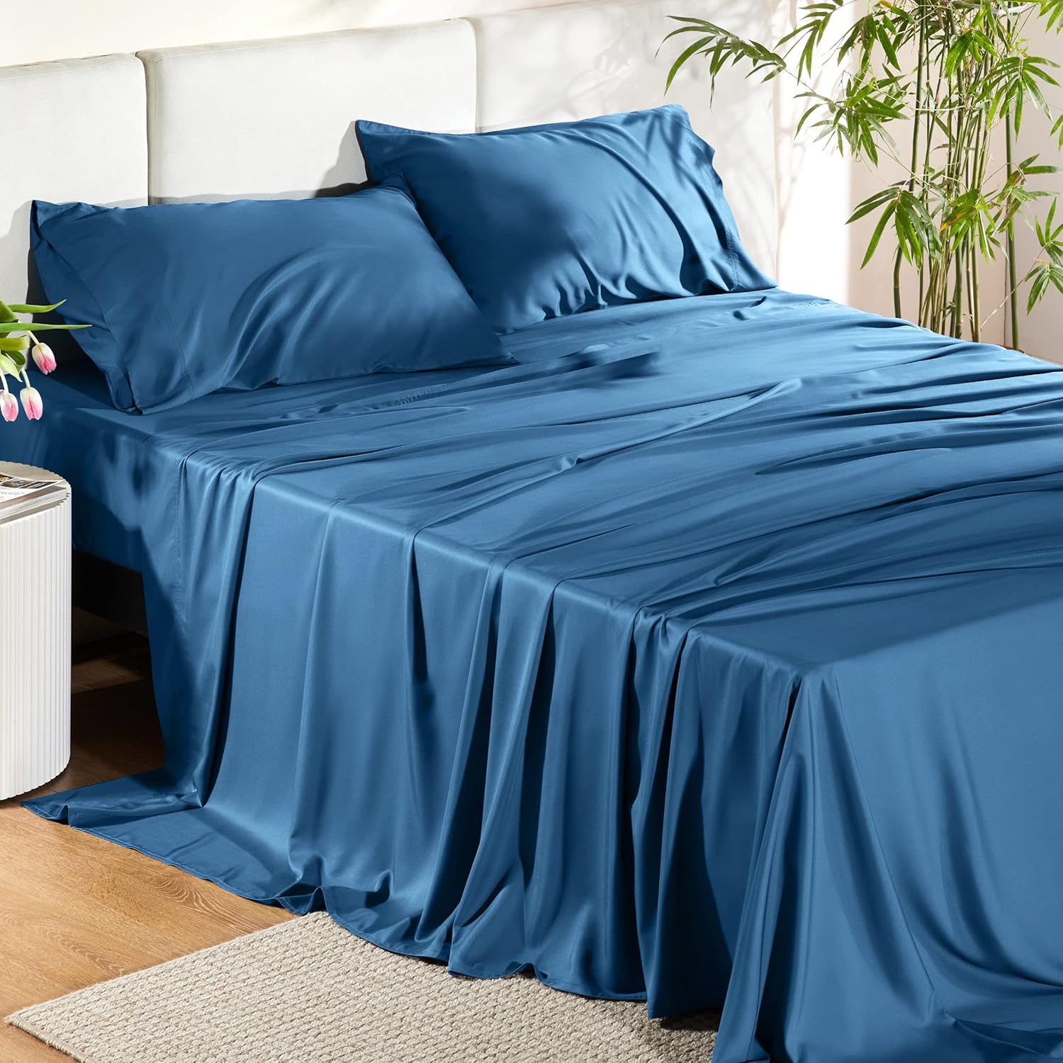 Bedsure Juego de sábanas tamaño California King, sábanas refrescantes, rayón derivado de bambú, bolsillo profundo de hasta 16 pulgadas, sábanas