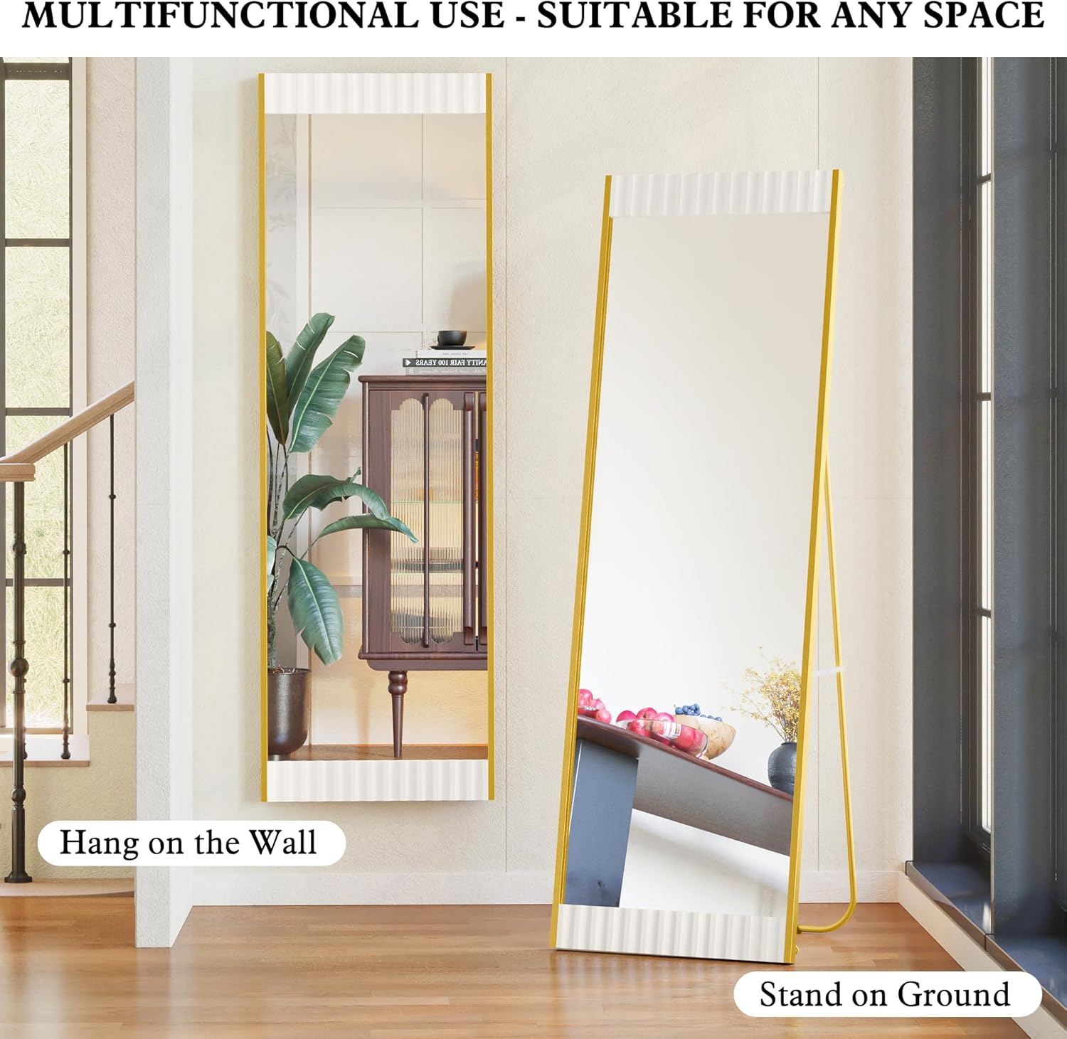 Espejo de longitud completa con soporte, espejo de piso de 64 x 21 pulgadas con marco de metal de madera para dormitorio, espejo moderno de cuerpo