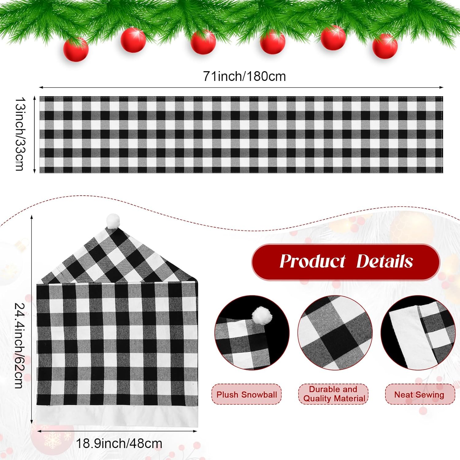 6 fundas para sillas de Navidad, con sombrero de Papá Noel a cuadros de búfalo con camino de mesa de 71 pulgadas para Navidad, comedor, restaurante,