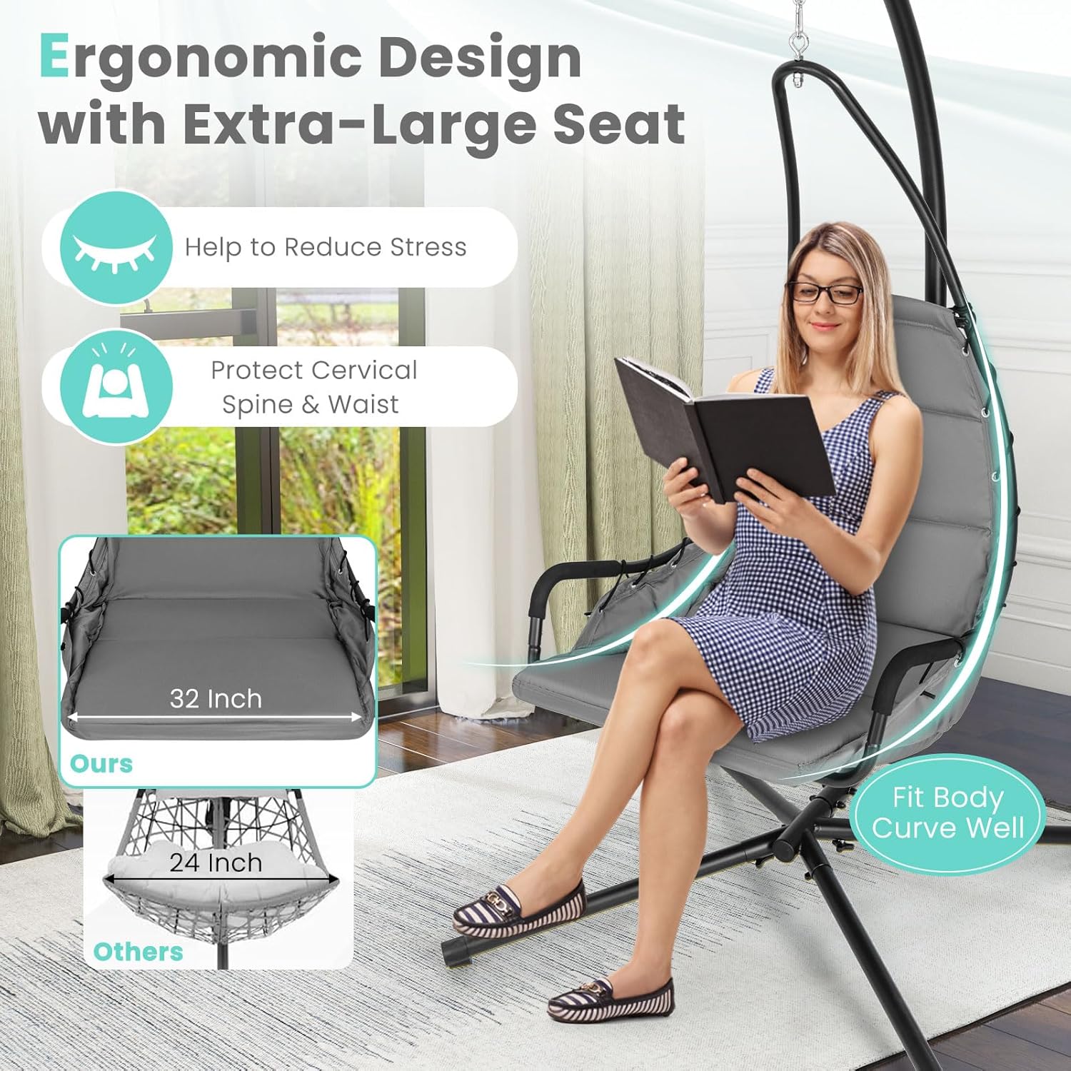 Tangkula Silla columpio con soporte, silla colgante de huevo para interiores y exteriores con cojín, silla hamaca para interiores y exteriores con