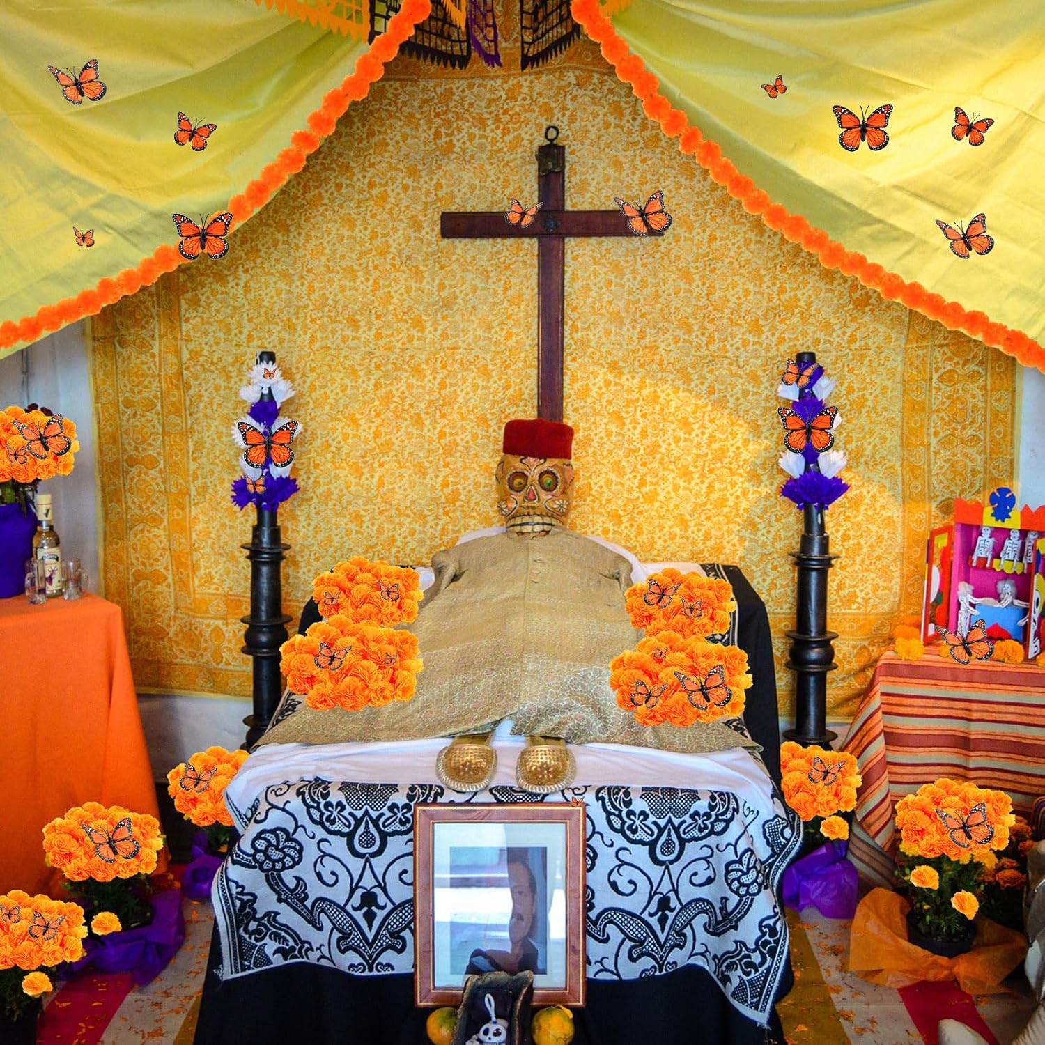 120 piezas de decoración del Día de los Muertos, flores artificiales de caléndula de seda con tallos, mariposas monarca falsas para Diwali Dia De