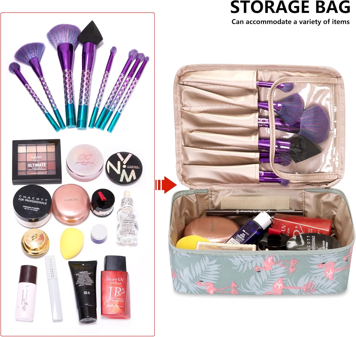 Ginsco Bolsa de maquillaje de viaje con soporte para cepillos, bolsa de cosméticos grande, organizador de maquillaje de viaje, portátil, resistente