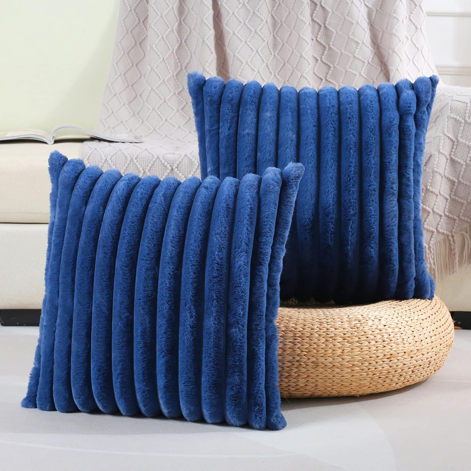 FUTEI – Juego de 2 fundas de almohada decorativas con rayas de color azul marino, 22 x 22 pulgadas, cuadradas y primaverales, piel sintética de