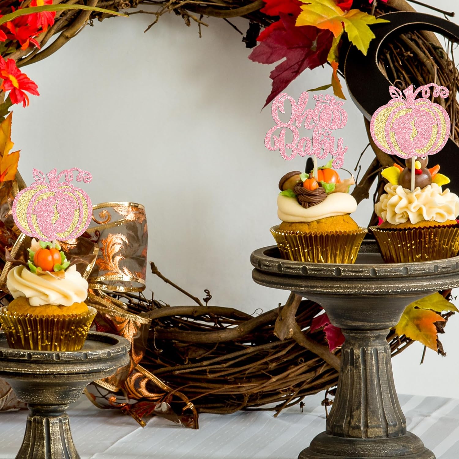 Gyufise 24 adornos para cupcakes de calabaza rosa, decoración de pastel de baby shower, decoración para baby shower con temática de calabaza,