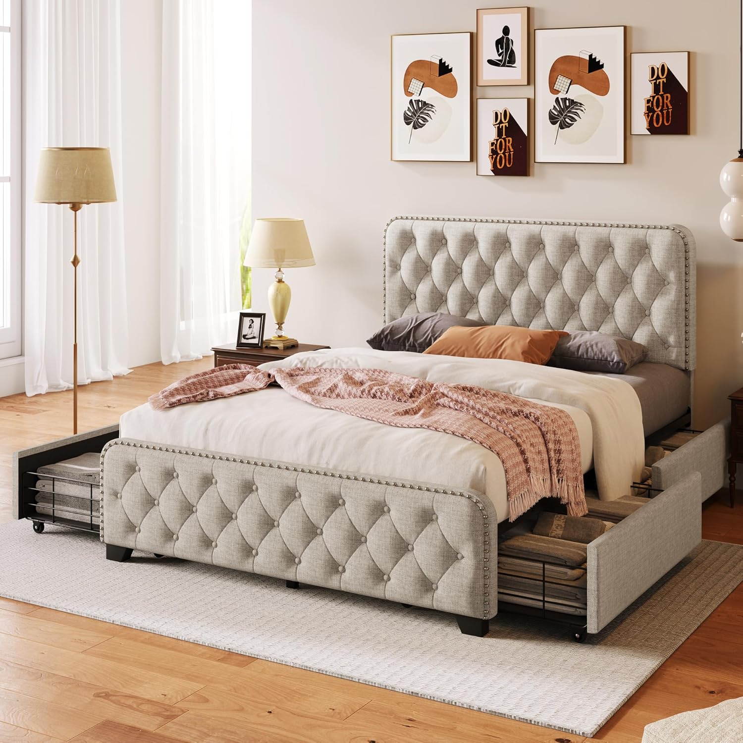 Bellemave Base de cama de plataforma completa con 4 cajones de almacenamiento y cabecero y estribo con botones, soporte de metal resistente, no