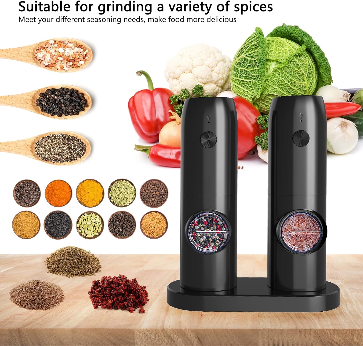 FETLLESN Juego de molinillo eléctrico de sal y pimienta, juego de molinillo de pimienta automático recargable, luz LED, con una sola mano, con - Imagen 5