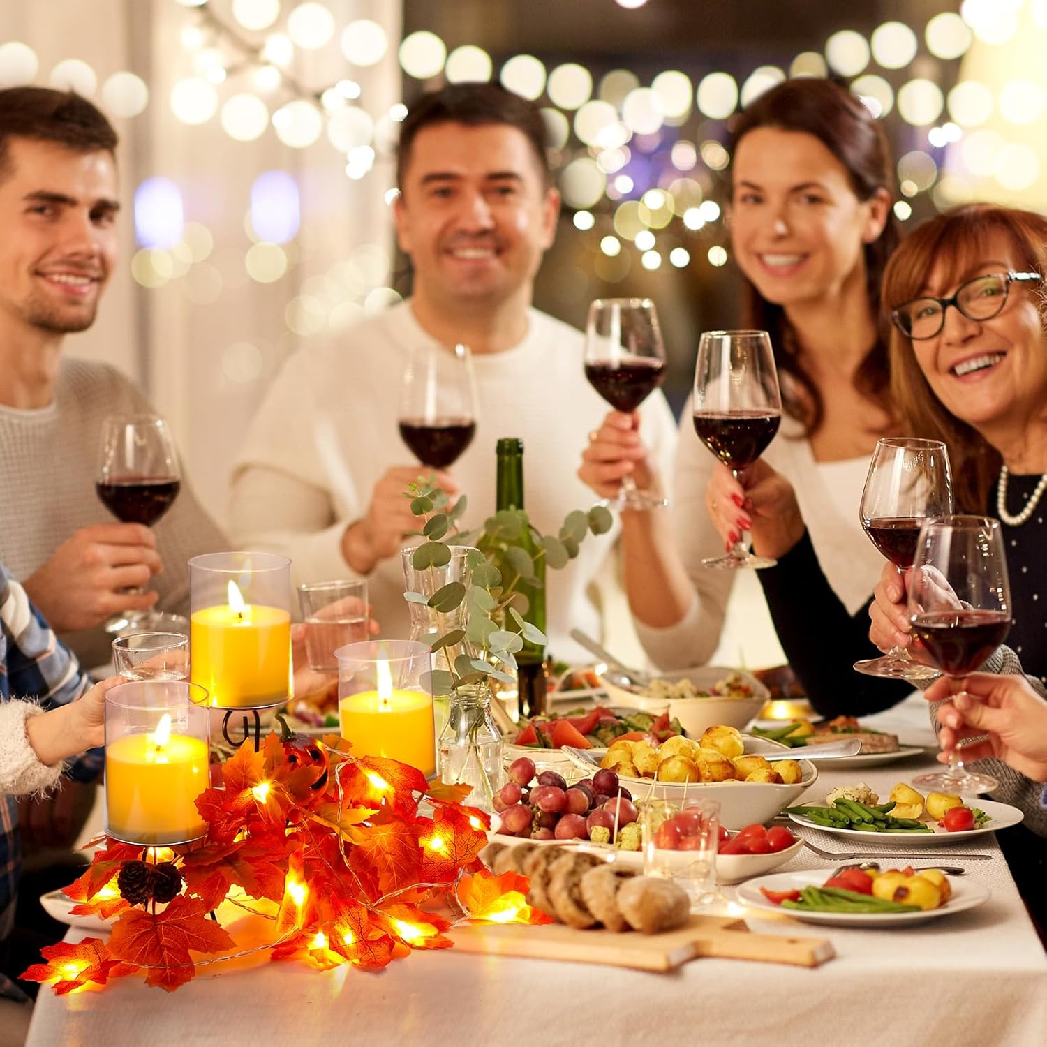Mifoci Centros de mesa de Acción de Gracias con 3 portavelas de hojas de arce otoñales con 3 velas LED y 1 tira de luces para decoración del hogar