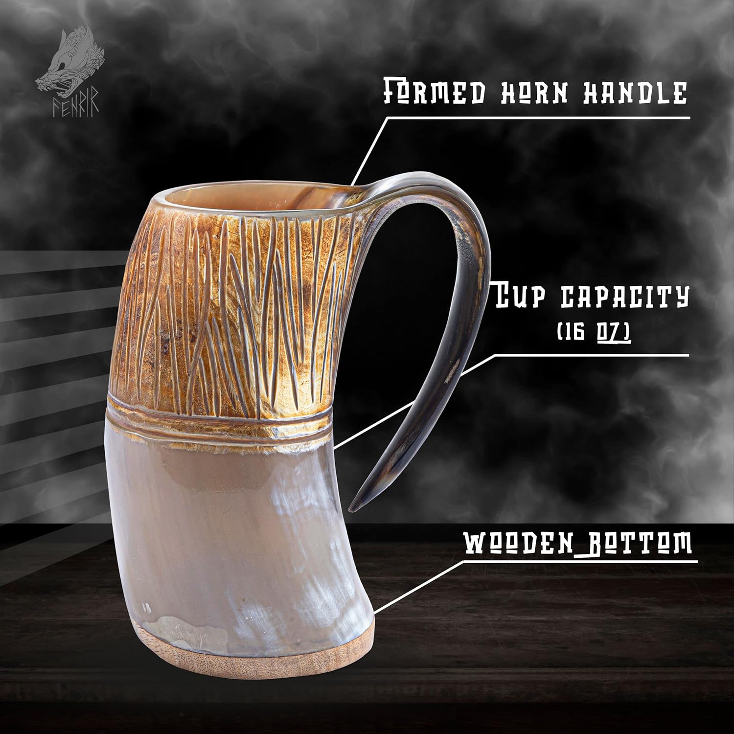 FENRIR Taza de cuerno de buey vikingo prémium para cerveza y aguamiel y cerveza y jarra de bebida fría, taza con acabado natural con vidrio corto y