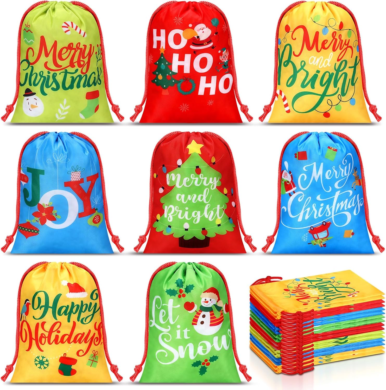 Xuniea 24 bolsas de Navidad con cordón de 10 x 7 pulgadas, bolsas reutilizables de regalo de Feliz Navidad, pequeñas bolsas de envoltura para