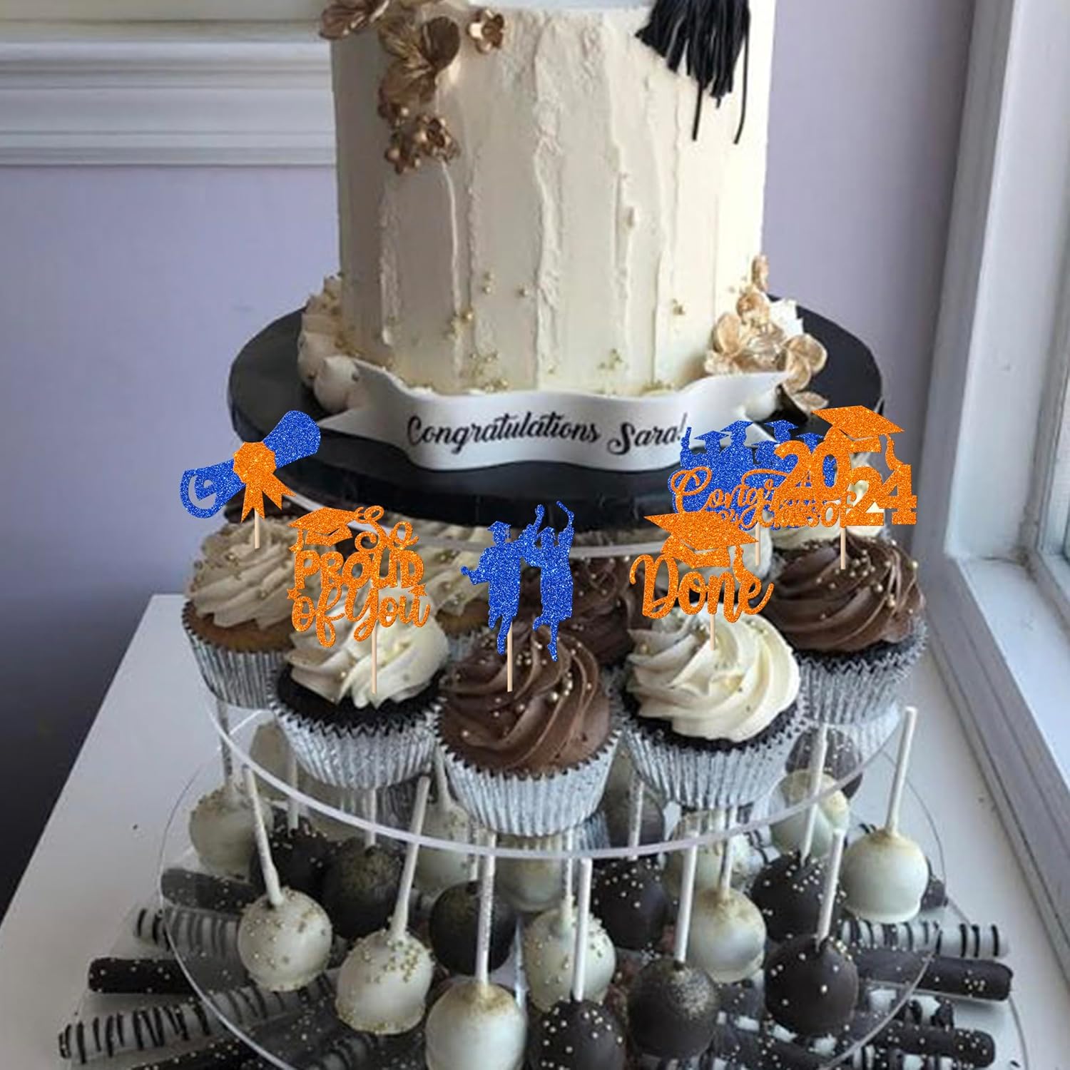 Paquete de 24 adornos para cupcakes Class of 2024 con purpurina Felicidades 2024 Done Diploma Cupcake Picks for So Proud of You 2024 – Decoraciones