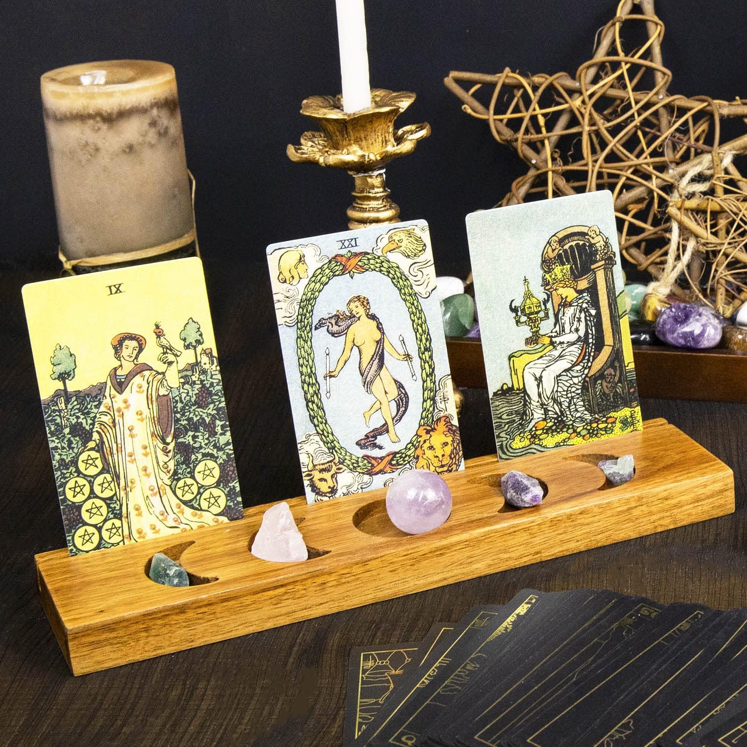 Ceiner Tarot de madera con fase lunar, soporte de bruja para meditación Oracle Lenormand, exhibición de tarjetas de afirmación diaria, accesorios de