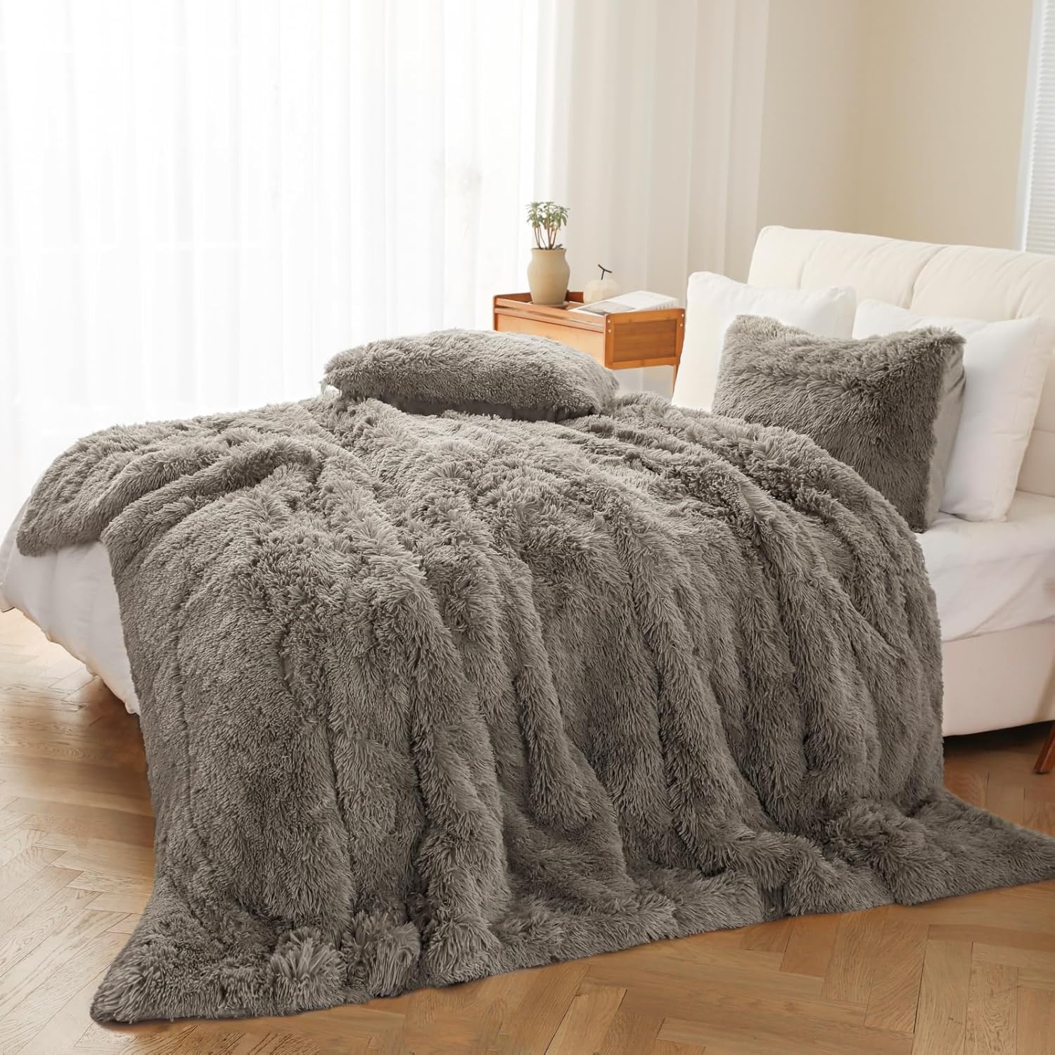 Juego de edredón peludo, tamaño Queen, juego de ropa de cama de pelo sintético esponjoso, juego de ropa de cama de 3 piezas (1 edredón peludo + 2