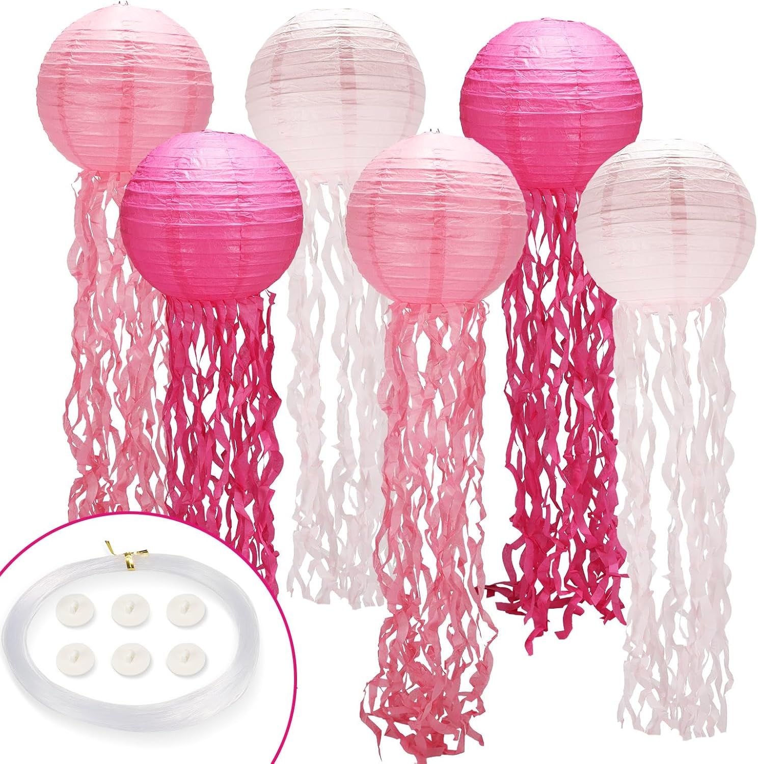 Decoraciones de cumpleaños de sirena, decoración de medusas, paquete de 6, faroles de medusas rosas con cuerda y gancho, medusas colgantes para