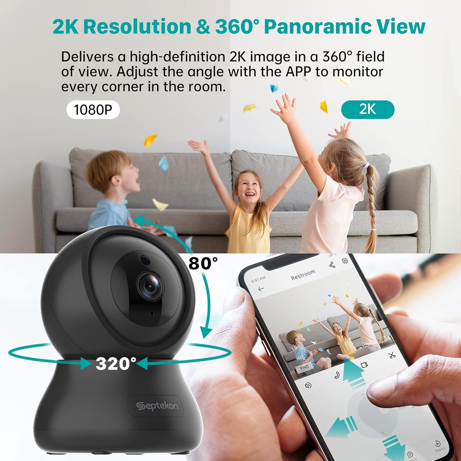 Septekon Cámara de seguridad para interiores 2K, monitor de bebé con inclinación panorámica de 360, 2 unidades, cámara Wi-Fi de 2.4 GHz con visión