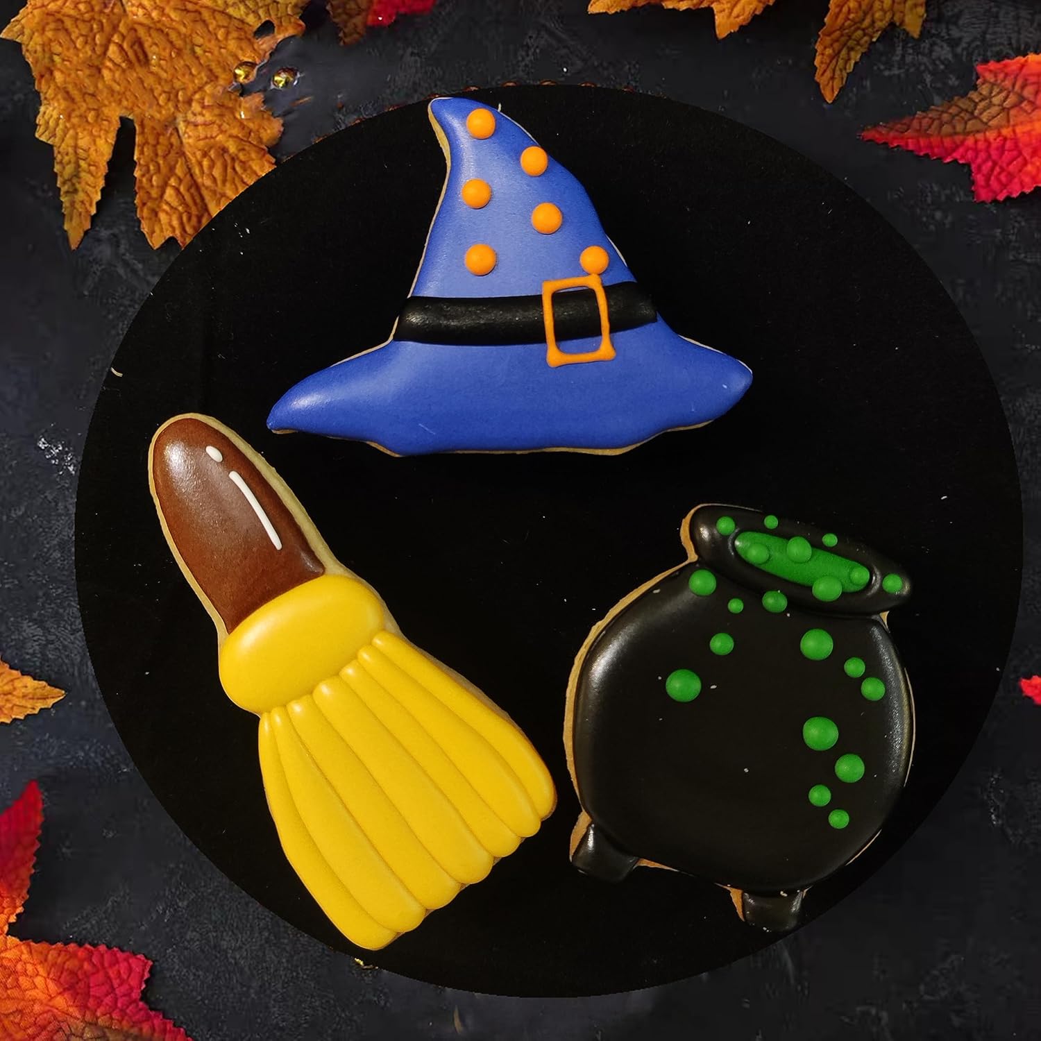 Juego de cortadores de galletas de Halloween, 3 piezas de cortador de galletas de acero inoxidable, moldes para hornear, olla de bruja, sombrero de