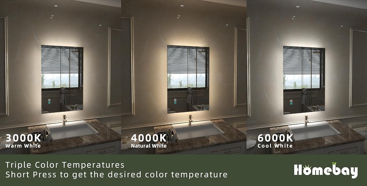 Homebay Espejo LED retroiluminado de 28 x 36 pulgadas, espejo de tocador regulable, función de memoria CRI90+ ultra brillante, 3 colores (30K40K60K)