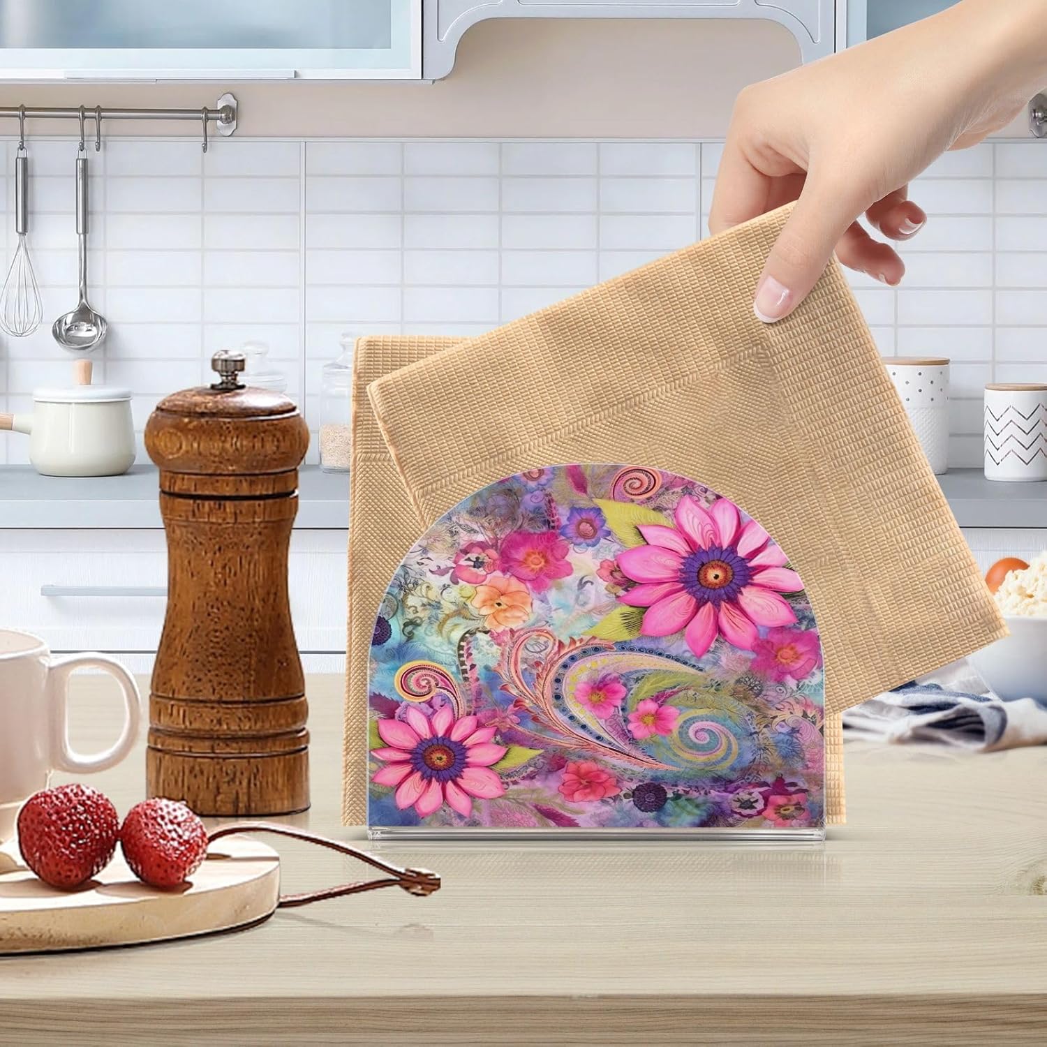 Napkin Holder Blooming Flowers Napkin Holders for Tables, Clear Acrylic Napkin Holders Cocktail Napkin Holder for Kitchen Restaurant Bar Home Decor