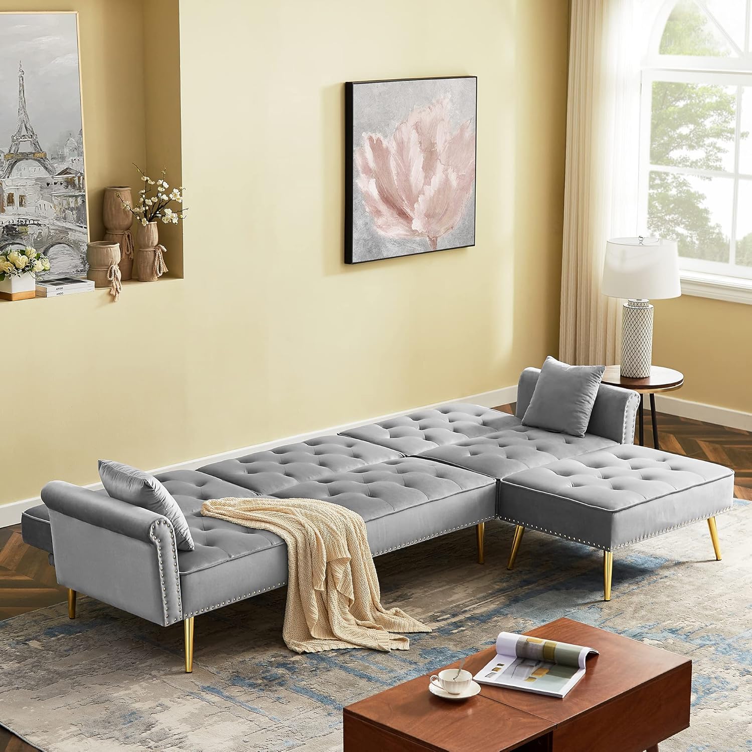 Sofá seccional tapizado de terciopelo en forma de L, sofá cama convertible con diván reversible, otomana movible para el hogar, oficina,