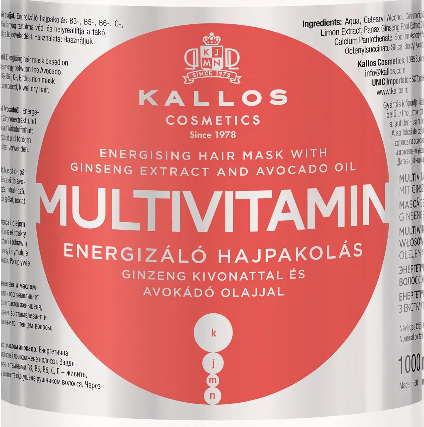 Kallos Mascarilla capilar multivitamínica, blanca, 33.8 fl oz