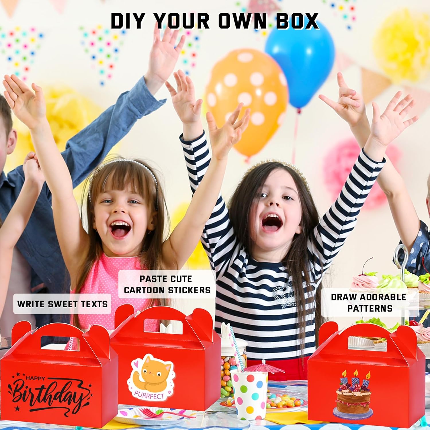 MOORAY Paquete de 50 cajas de golosinas, cajas de dulces, cajas de regalo de fiesta con asas, cajas de regalo de papel para niños, fiesta de