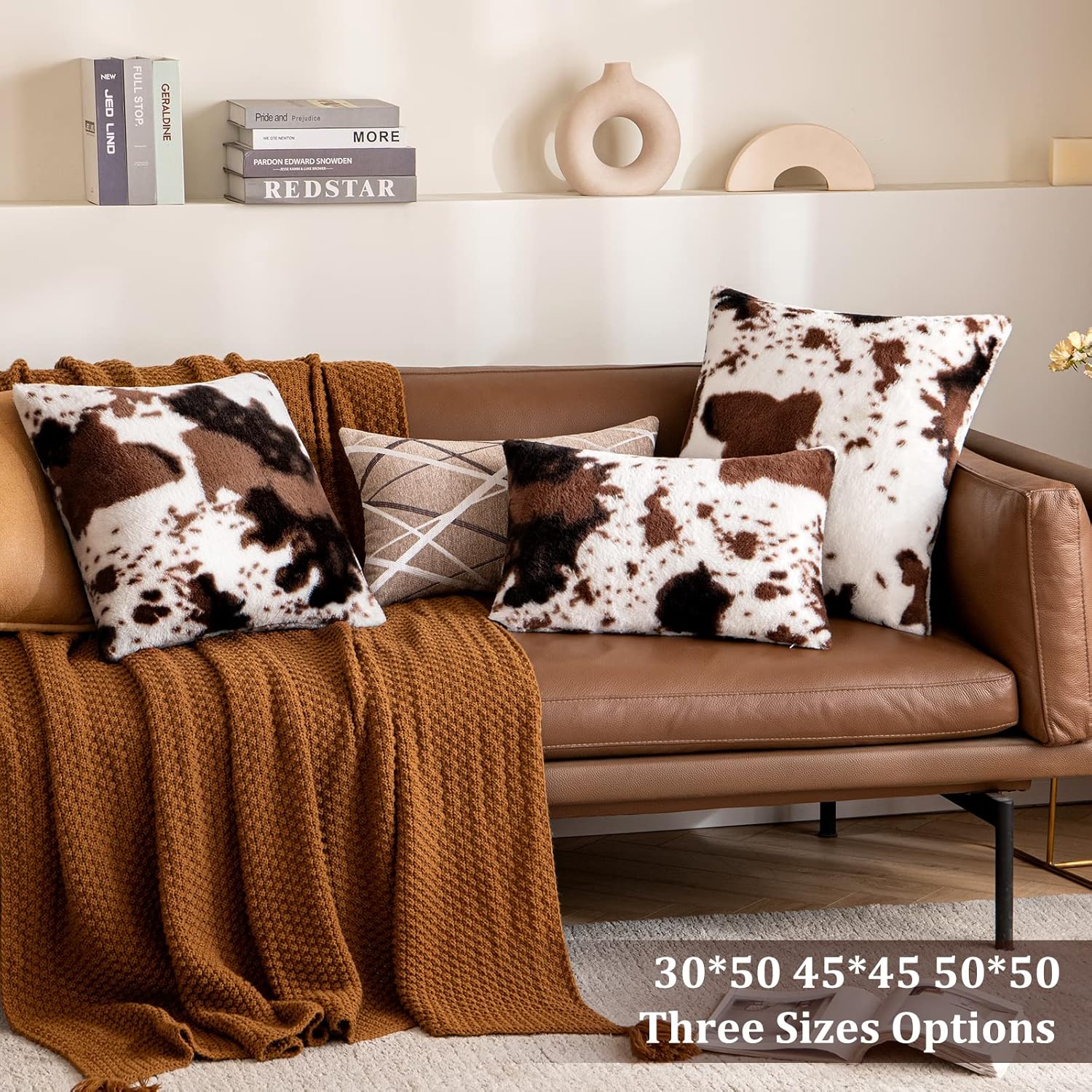 Woaboy Paquete de 2 fundas de almohada de piel sintética de lujo de piel de vacuno decorativas suaves y esponjosas para sofá, sala de estar, sofá,