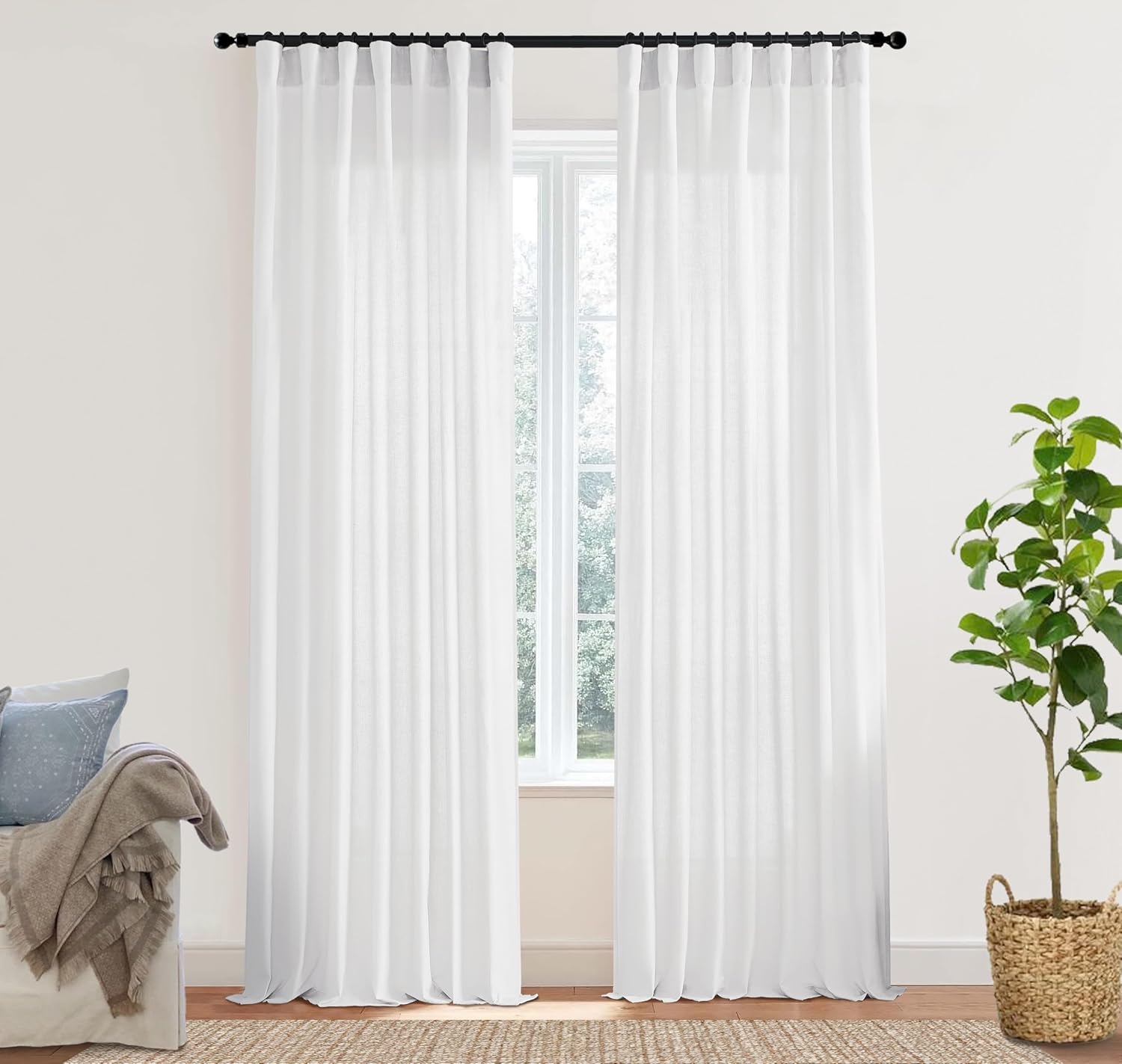 XTMYI Cortinas blancas de 90 pulgadas de largo para sala de estar, juego de 2 paneles con cinta de gancho y pestaña trasera, cortinas de lino para