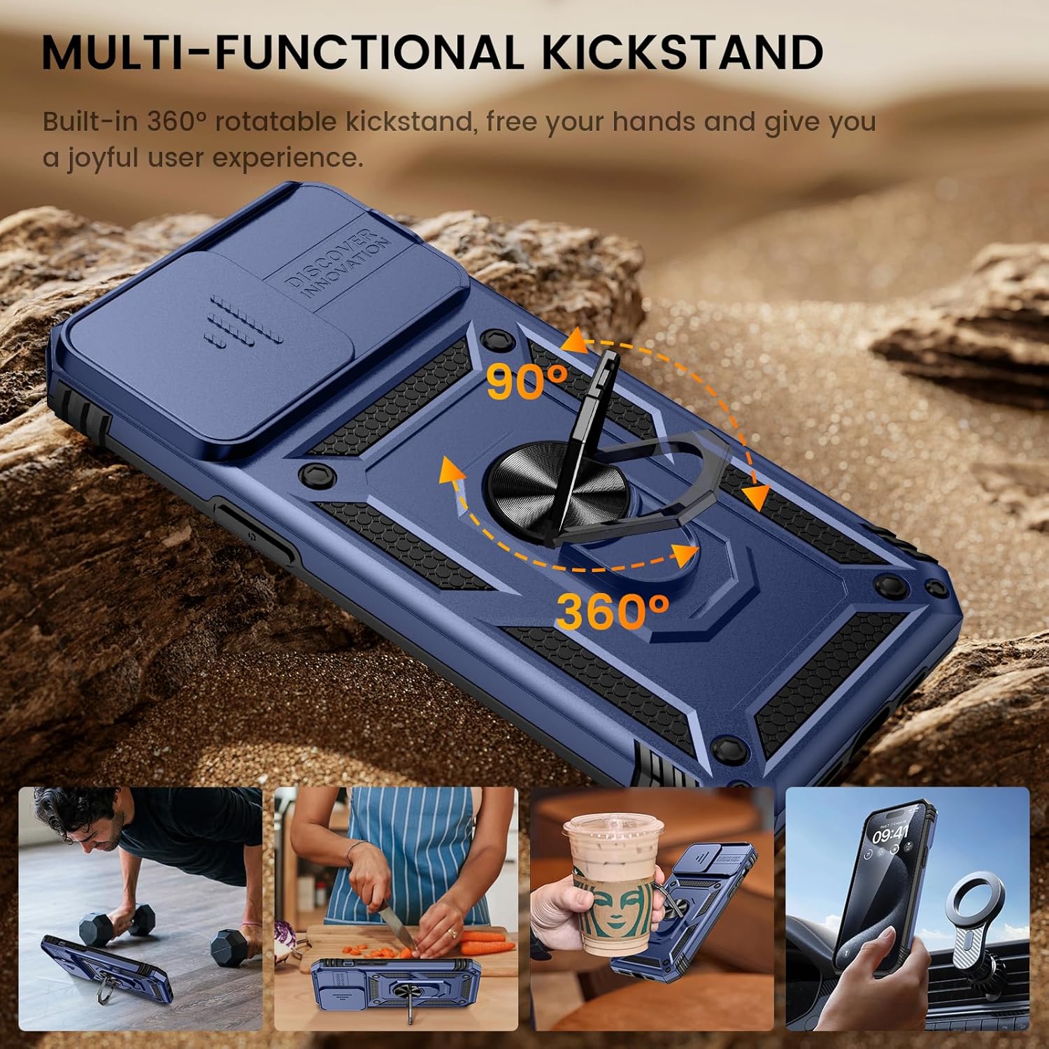 Goton Funda para iPhone 15 Pro con protector de pantalla – Funda protectora para cámara deslizante con soporte de anillo, resistente a los golpes y
