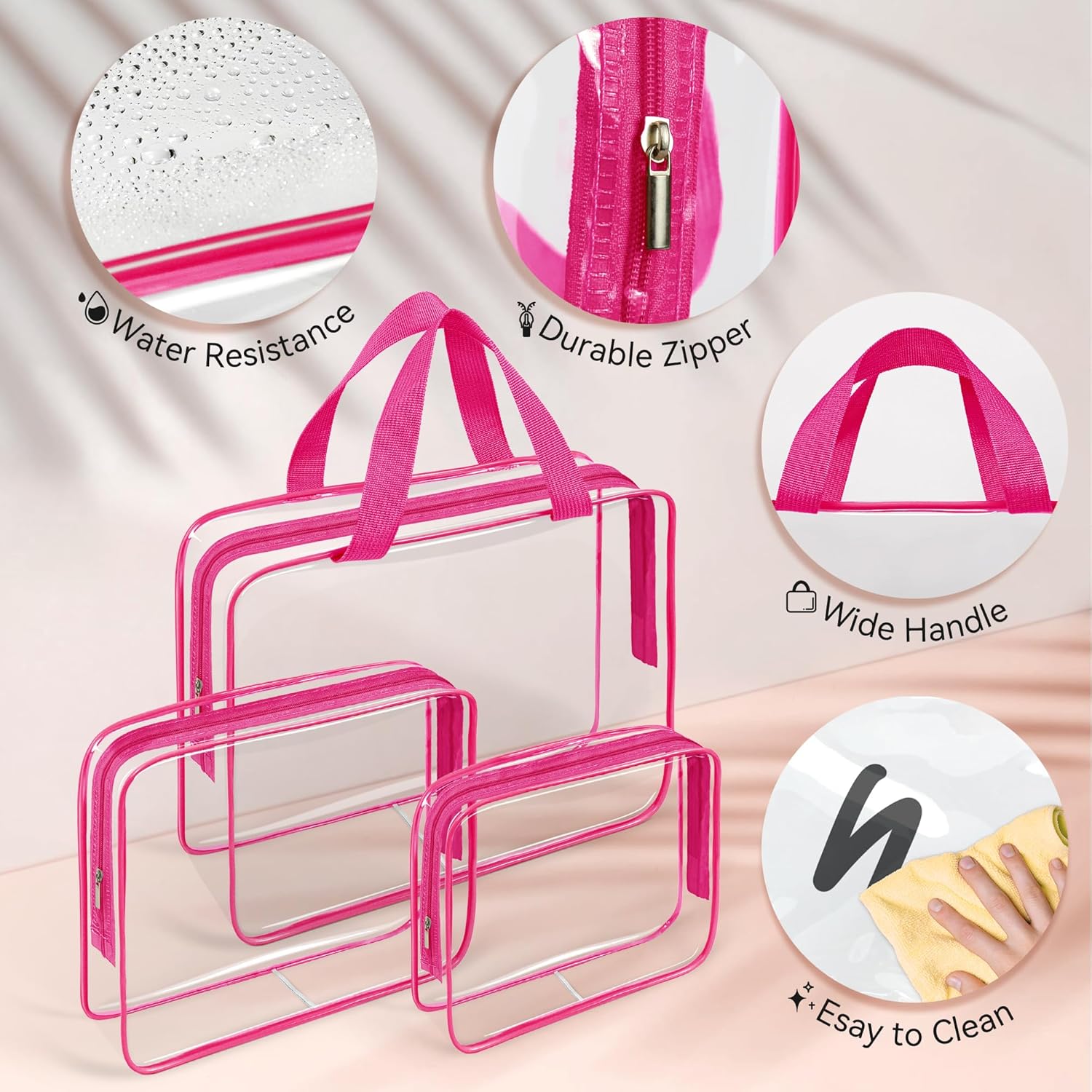 10 piezas de maquillaje de viaje transparente, plástico PVC cosmético aprobado por la TSA kit organizador con cremallera bolso, Rosa Rojo
