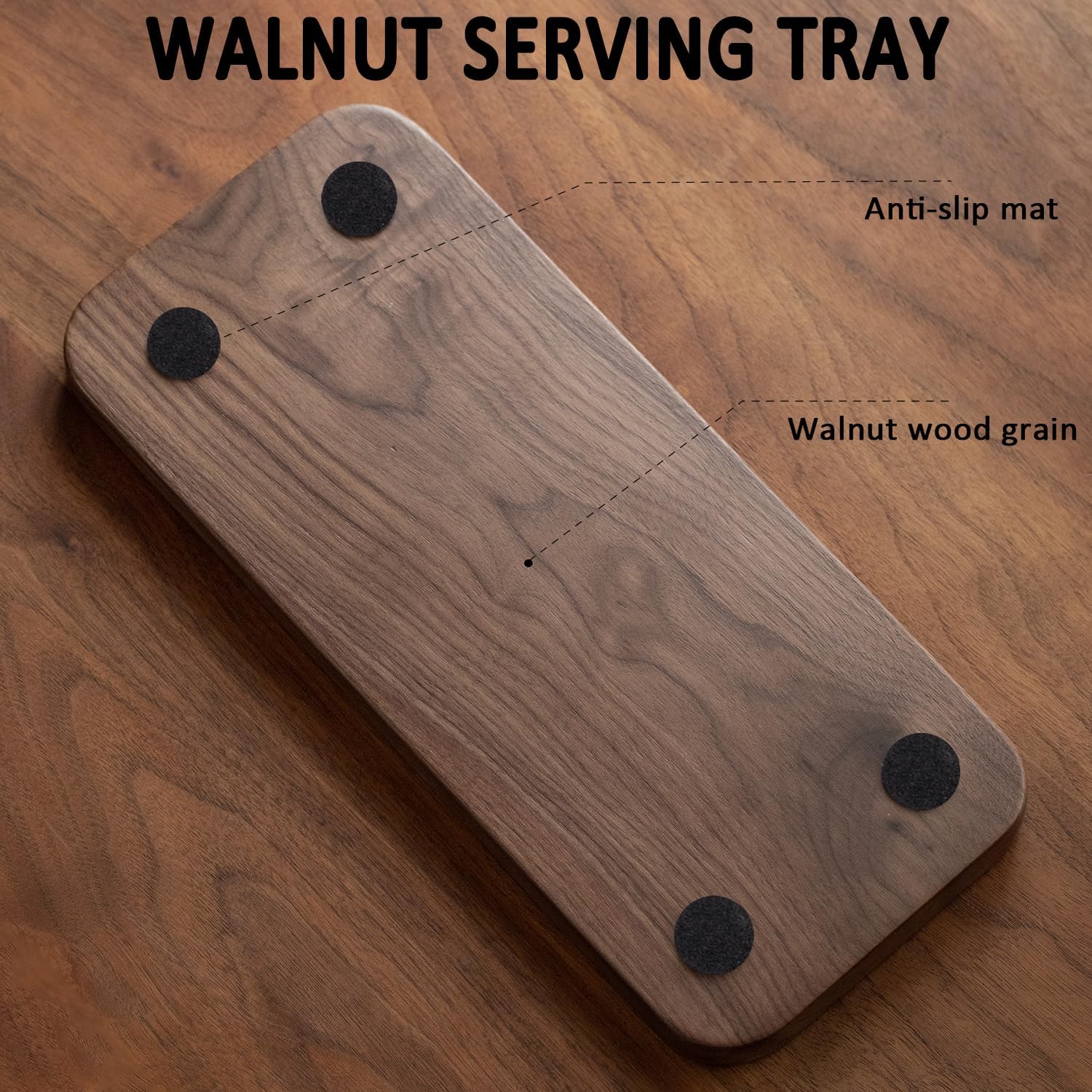 Muso Wood Bandeja de madera maciza para servir de nogal, bandeja pequeña rectangular para baño, bandeja de cena, bandeja de té, bandeja de café
