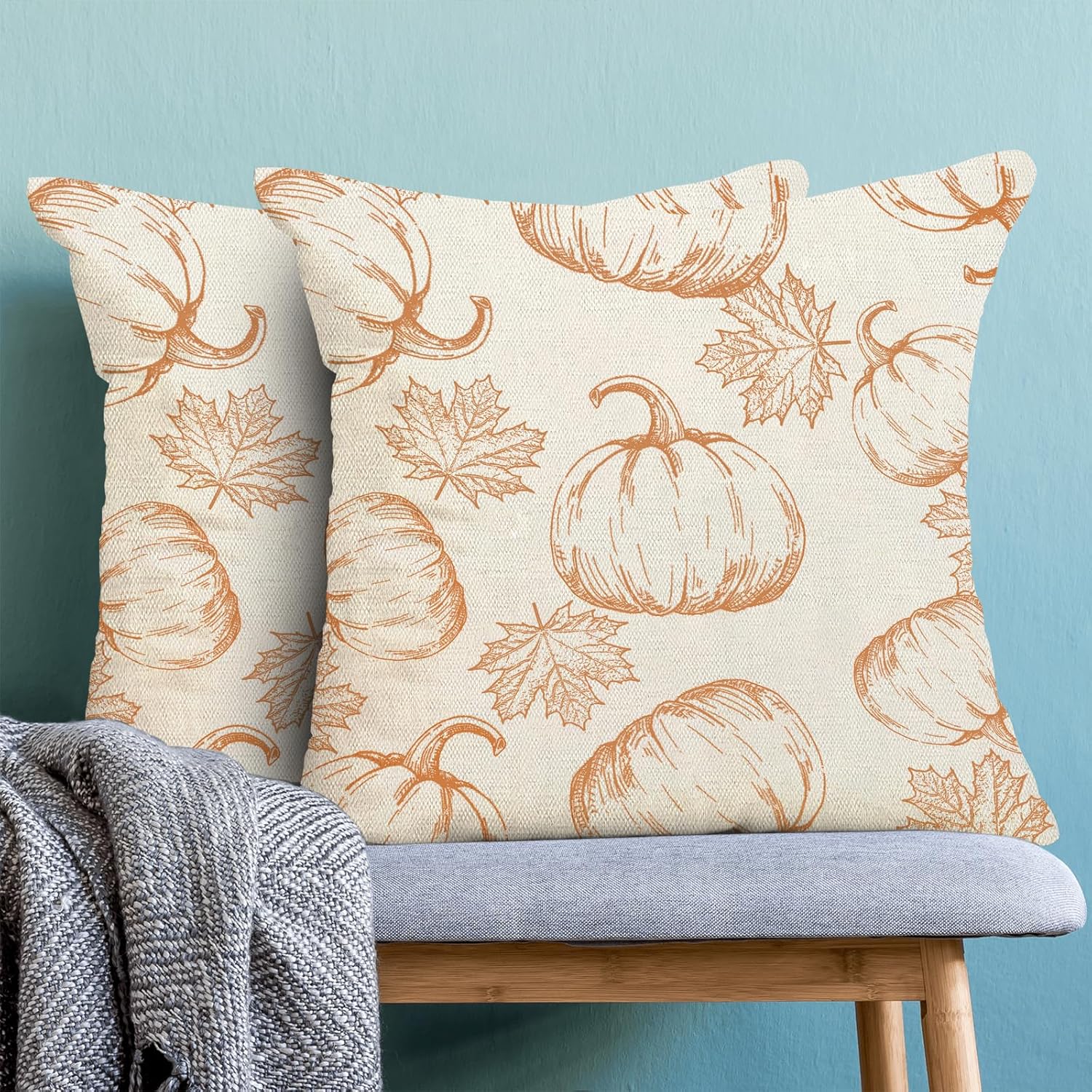 Fundas de almohada decorativas de otoño de 20 x 20 pulgadas, juego de 2 fundas de almohada de otoño naranja calabaza hojas de arce para exteriores,